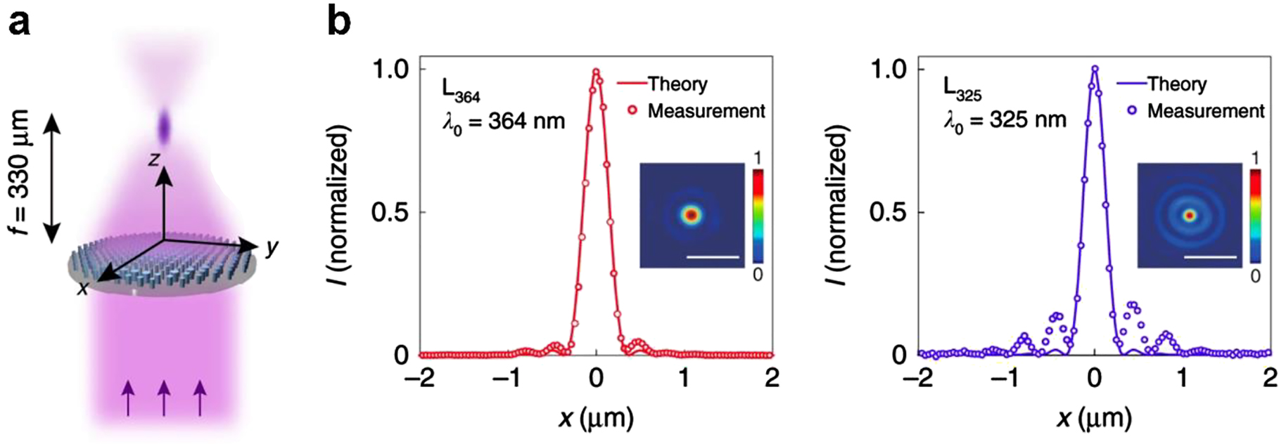 Figure 8: (a) Schematic drawing of focusing by a UV metalens, L364 or L325, under normal-incidence, plane-wave illumination at free-space wavelength of λ0 = 364 or 325 nm, respectively. (b and c) Cross-focus cuts and intensity distributions in the focal plane, as measured for metalenses L364 and L325, respectively. The theoretically predicted cross-focus cuts are plotted for reference. Scale bars: 1 µm. Zhang et al. [106]. Author copyright.