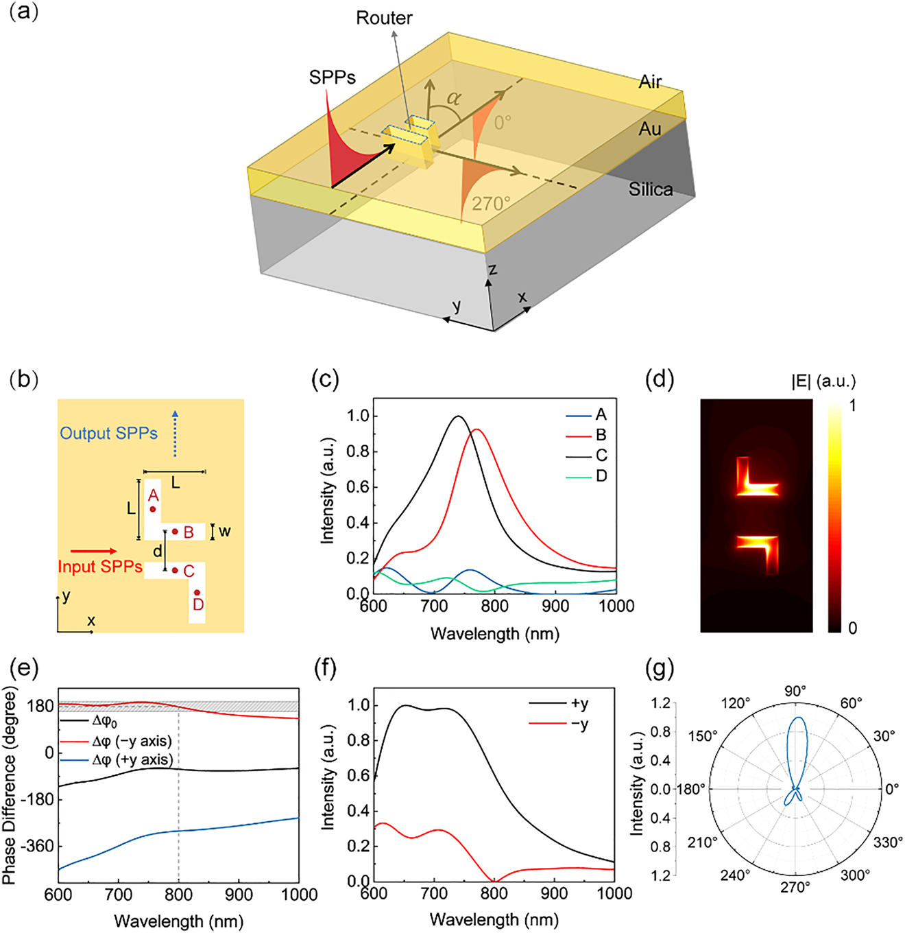 Figure 1:
Calculation results of the router. (a) Schematic of the three-dimensional (3D) plasmonic nano-router. (b) Schematic of the 90° router. The solid red arrow indicates the direction of the input surface plasmon polaritons (SPPs) propagating at the air–Au film interface and the blue dashed arrow indicates the direction of the output SPPs propagating at the silica–Au film interface. (c) Near-field electric field intensities at points A, B, C, and D in (b) versus the wavelength. (d) Near-field electric field amplitude in the xy plane for λ = 800 nm. (e) Calculated initial phase difference and total phase difference versus the wavelength. (f) Calculated intensities of the SPPs propagating along the ±y-axes versus the wavelength. (g) Calculated angular radiation distributions in the xy plane for λ = 800 nm.
