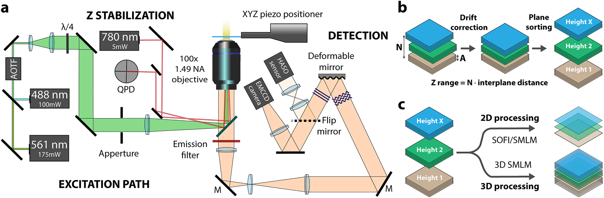 Figure 1: Schematics of the optical setup and image processing pipeline.(a) Sample excitation was achieved by two continuous laser sources with independently modulated power by acousto-optic tunable filter. Laser beams were then expanded with a telescope and focused by a lens into the back focal plane of the 100× NA = 1.49 oil immersion objective to achieve a widefield illumination of the sample. Fluorescence light was collected by the same objective and filtered using a combination of a dichroic mirror and two emission filters. The light is then passed through MicAO 3DSR adaptive optics setup which consists of a deformable mirror and a wavefront sensor. Light is then detected either by a wavefront sensor, which is used for a calibration of AO system or a water-cooled EMCCD camera with a back-projected pixel size of 105 nm. Total internal reflection of an infrared laser is used to axially stabilize the sample which is precisely positioned by the XYZ piezo stage thus eliminating the axial drift. (b) 3D image stacks were recorded by shifting the height using a deformable mirror every A number of frames in order to homogenously distribute bleaching in all the N planes. Fluorescent beads immobilized on a coverslip were imaged every A number of frames with a 488 nm laser line and then used for lateral drift correction (SI drift correction). For final processing image stacks were sorted based on focus values applied for each frame. (c) Substacks were processed by using SOFI and SMLM routines published previously as described in Section 2.