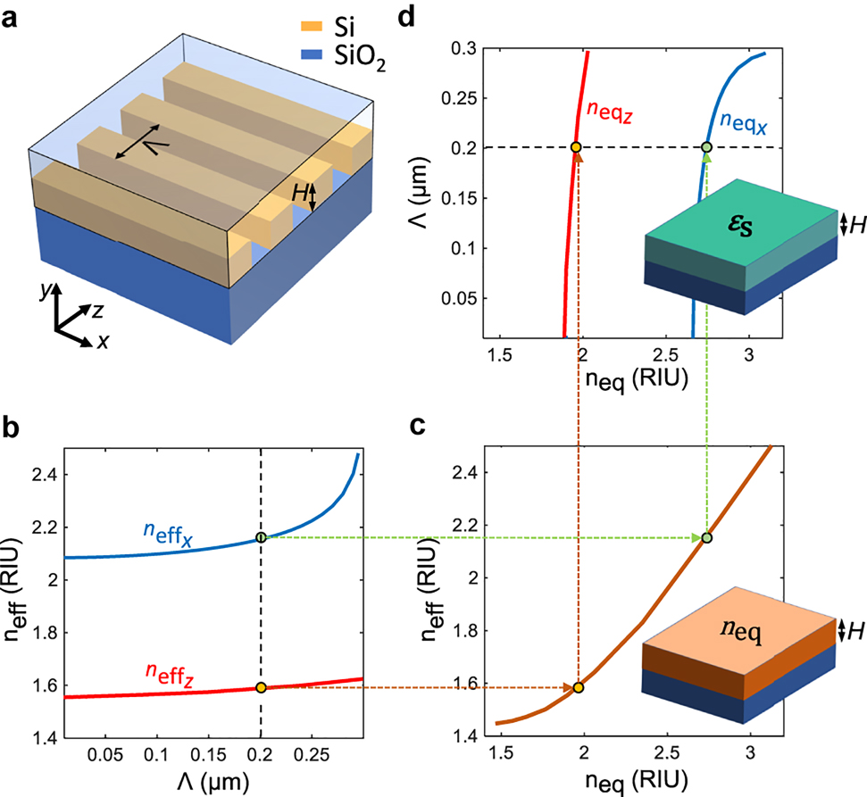 Figure 5: 
(a) Subwavelength grating slab with periodic core of period Λ and silicon thickness H = 220 nm. (b) Effective index of the fundamental TE slab mode propagating along the z-axis (



n

eff
x




${n}_{{\mathrm{eff}}_{x}}$



) and x-axis (



n

eff
z




${n}_{{\mathrm{eff}}_{z}}$



). (c) Mapping function between the effective index of the fundamental TE mode of an isotropic slab and the corresponding core material refractive index. (d) Synthesized refractive index tensor components for a periodic-core slab with period Λ.
