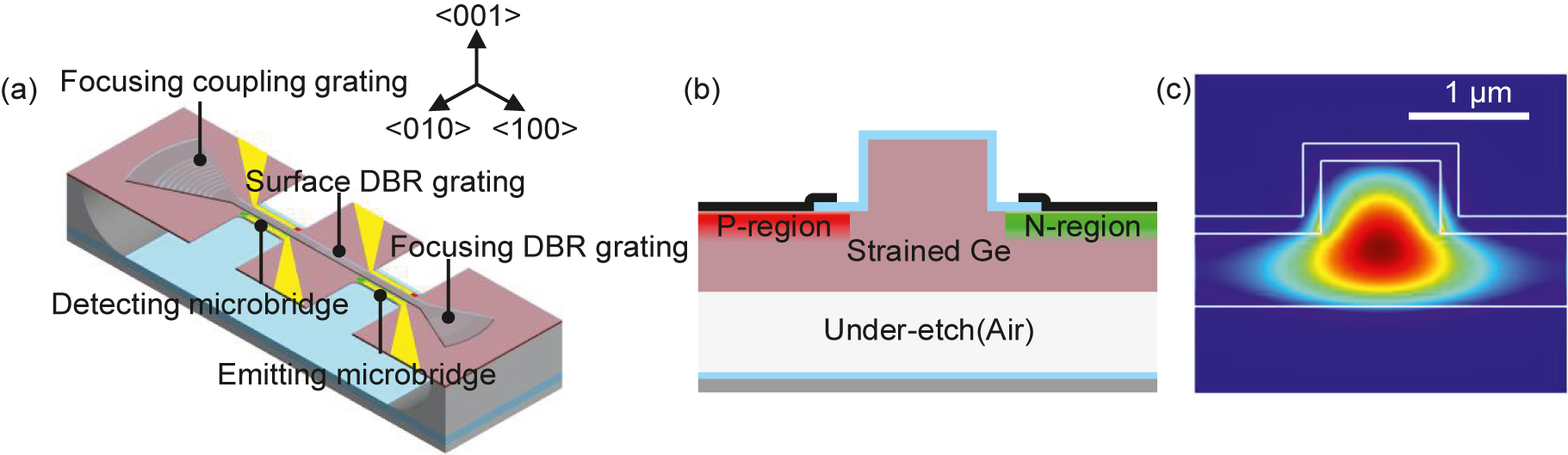 Figure 1:
(a) Schematic of the double strained-microbridge cascaded emitting-detecting configuration (not to scale). (b) Sectional view of the suspended Ge microbridge. (c) Fundamental TE mode profile.