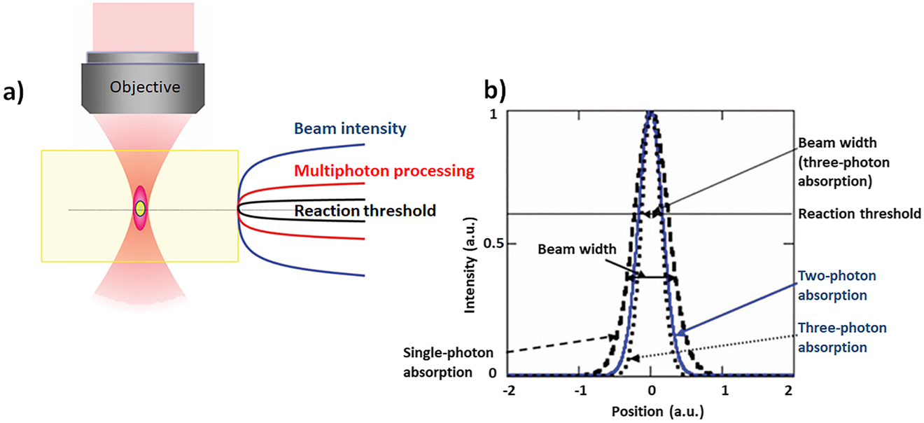 Figure 2: Scheme of laser-material interaction along the beam axis (a) and at the focal spot in a plane perpendicular to the beam axis in a transparent material (b) to achieve subdiffraction-limited fabrication resolution by multiphoton absorption. In (b), thick dashed line, solid line, and thin dashed line correspond to spatial distributions of laser energy with a Gaussian beam profile absorbed by transparent materials by single-, two- and three-photon absorption, respectively. The solid horizontal line indicates the reaction threshold (adapted from [76]).