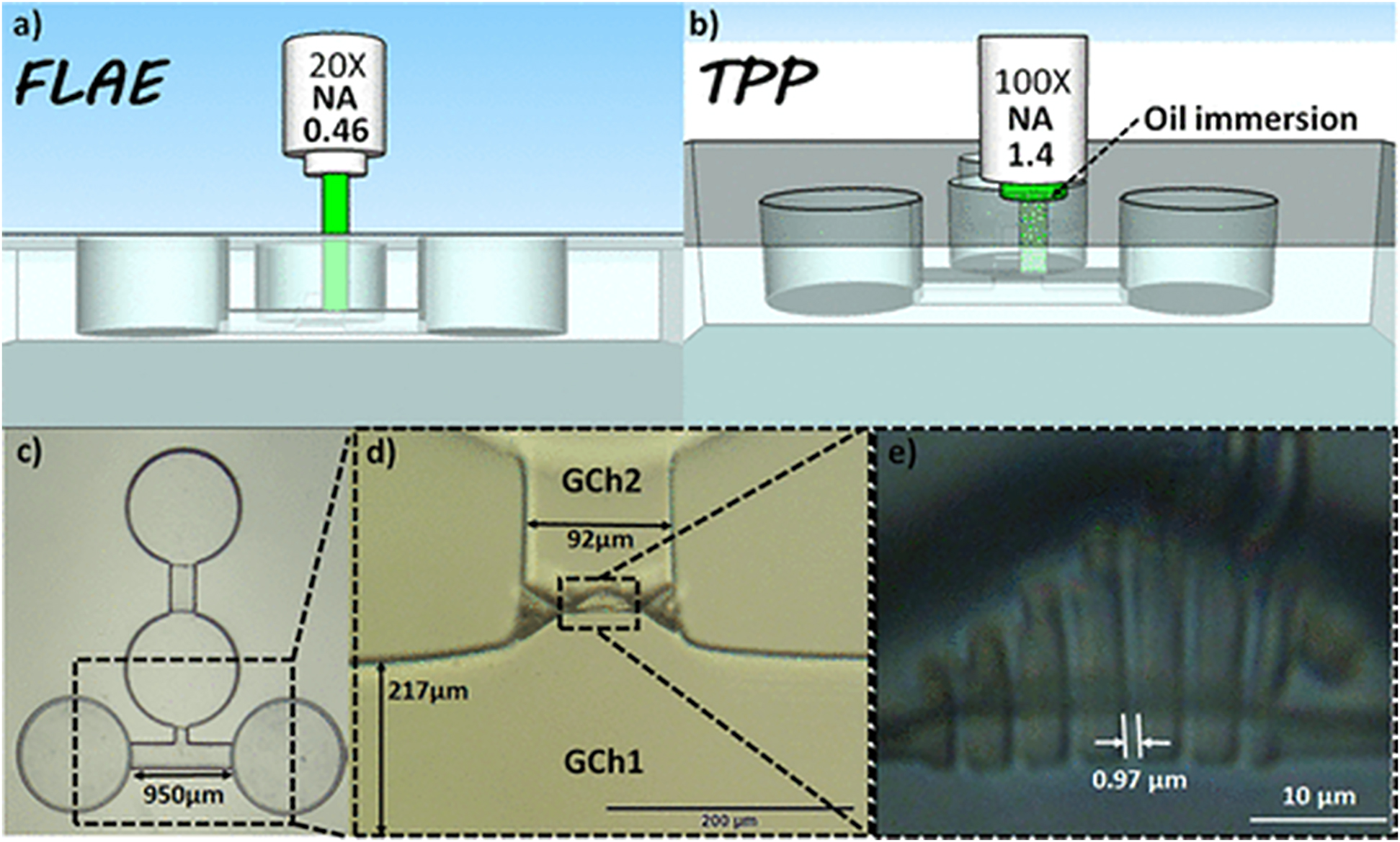 Figure 7: Biochip fabrication. Schematics of (a) FLAE of Foturan glass followed by (b) TPP of SU-8 inside glass microchannel, (c) optical microscopy image of the glass microfluidic platform with (d) details of the observation area, and (e) panpipe-shaped scaffold consisting of six nanochannels with lengths of 6, 8, 11, 14, 18, and 21 μm integrated by TPP at the bottom of glass microchannel. Reproduced from [146].