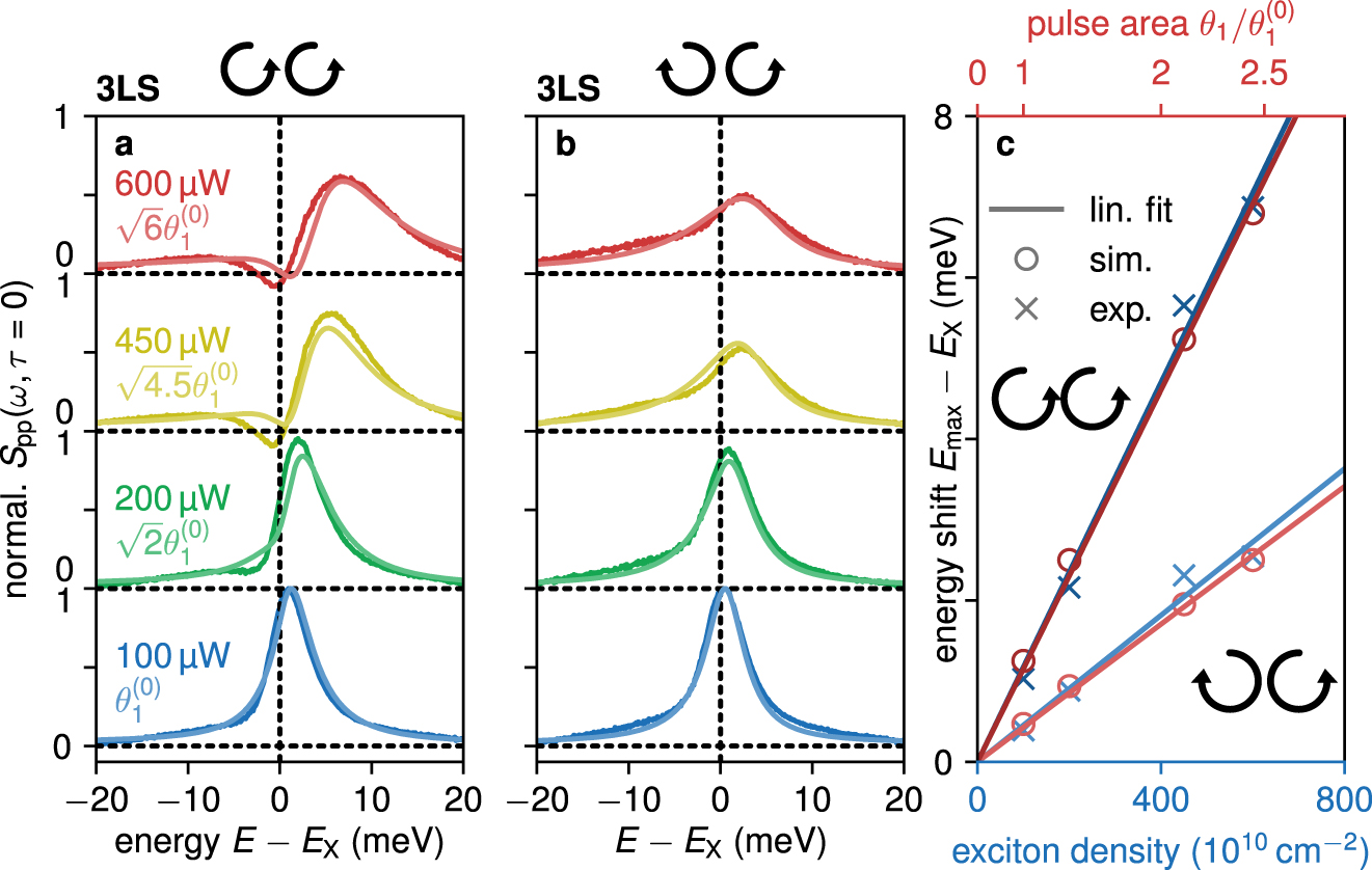 Figure 5:
Pump-probe spectra at pulse overlap. (a) Co-circular polarization with experiment in dark and simulation in the 3LS in bright colors. For the smallest pulse area we have
ℏ
θ
1
(
0
)
2
V
=
ℏ
θ
1
(
0
)
2
W
=
2.4
$\hslash {{\theta }_{1}^{(0)}}^{2}V=\hslash {{\theta }_{1}^{(0)}}^{2}W=2.4$
meV. (b) Cross-circular polarization with simulations in the 3LS, with
ℏ
θ
1
(
0
)
2
V
=
ℏ
θ
1
(
0
)
2
W
=
3.2
$\hslash {{\theta }_{1}^{(0)}}^{2}V=\hslash {{\theta }_{1}^{(0)}}^{2}W=3.2$
meV. (c) Positions of the spectral maxima against the exciton density (bottom axis) in the experiment and the pulse area (top axis) in the simulation. An exciton density of 1012/cm2 corresponds to an average pumping power of about 100 μW (see Supporting Information).