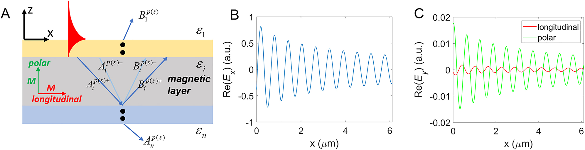 Figure 1: 
(A) Geometry of surface wave propagation in a multilayer consisting of both magnetic and nonmagnetic layers. Red and green arrows represent the magnetization orientation corresponding to longitudinal and polar magnetization, respectively. (B,C) Simulated in-plane electric fields of the surface wave propagating in x direction at an interface of air and magnetized semi-infinite medium (Co): (B) E

x
 and (C) E

y
 field components for different magnetization orientations. The difference between the E

x
 fields in the case of polar and longitudinal magnetizations is negligible. The permittivity ε
2 and the gyration vector g of Co are taken from the experimental data as ε
2 = −12.5 + 18.46i [43] and g = 0.59 − 0.48i [44].
