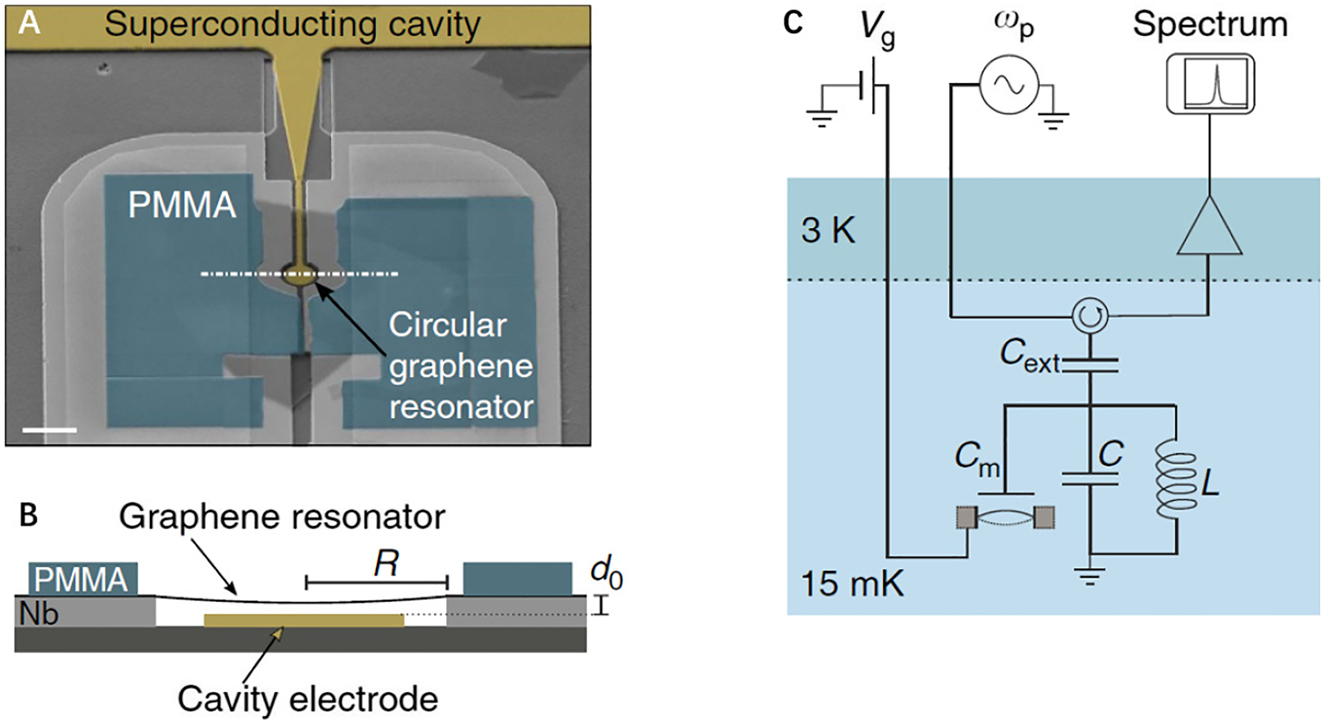 Figure 14: 
(A) False-color image of multilayer graphene optomechanical devices. (B) Cross-sectional illustration of the graphene resonator along the white dashed dotted line in (A). (C) Schematic of the detection circuit. The superconducting  cavity couples with the graphene mechanical resonator through the capacitance [124].
