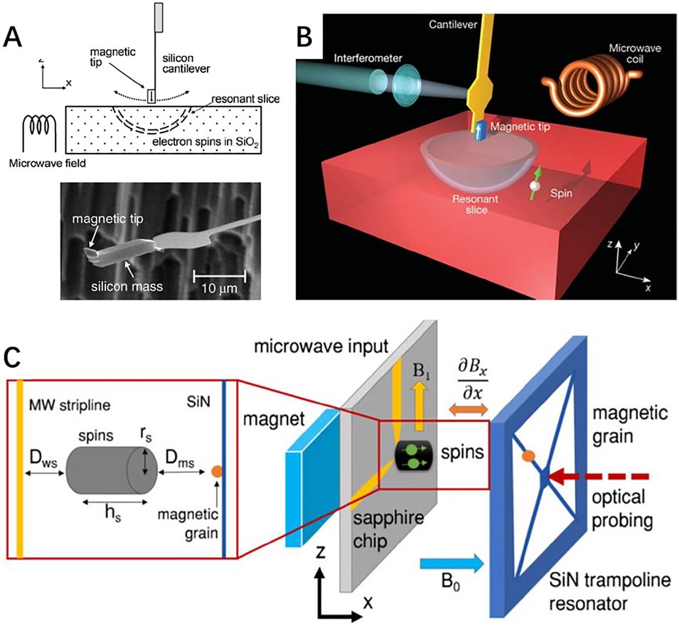 Figure 16: 
Magnetic force microscope using cavity optomechanical systems [39], [40], [41]. (A) Ultrasensitive silicon cantilever coated with a microsize SmCo magnetic particle at the end is used as an MRFM probe, to detect the electronic spins in silica [39]. (B) Configuration of the single-spin MRFM experiment [40]. (C) Experimental schematic for magnetic resonance force microscopy using a silicon nitride membrane mechanical resonator [41].
