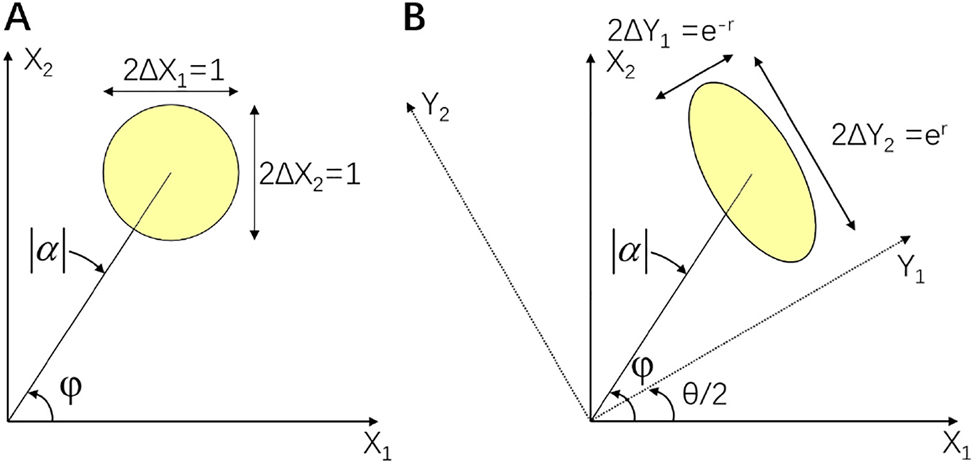 Figure 23:
(A) An error circle of coherent state
α
$\left\vert \alpha \right\rangle $
in the complex-amplitude plane. (B) An error ellipse of squeezed state
α
,
ζ
$\left\vert \alpha ,\zeta \right\rangle $
in the complex-amplitude plane. The yellow parts of both figures are the error area.