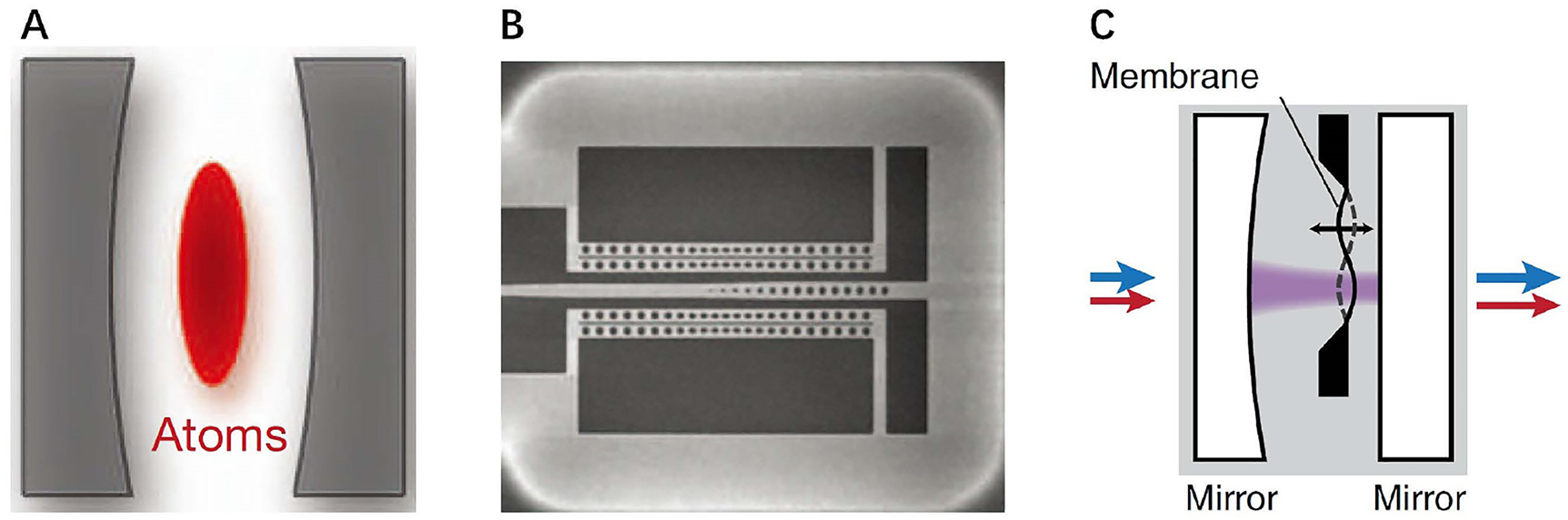 Figure 25: 
Three types of optomechanical system to realize the squeezed light. (A) Cold-atom optomechanical system [18]. (B) Photonic-crystal cavity optomechanical system [16]. (C) Membrane-in-the-middle optomechanical system [17].
