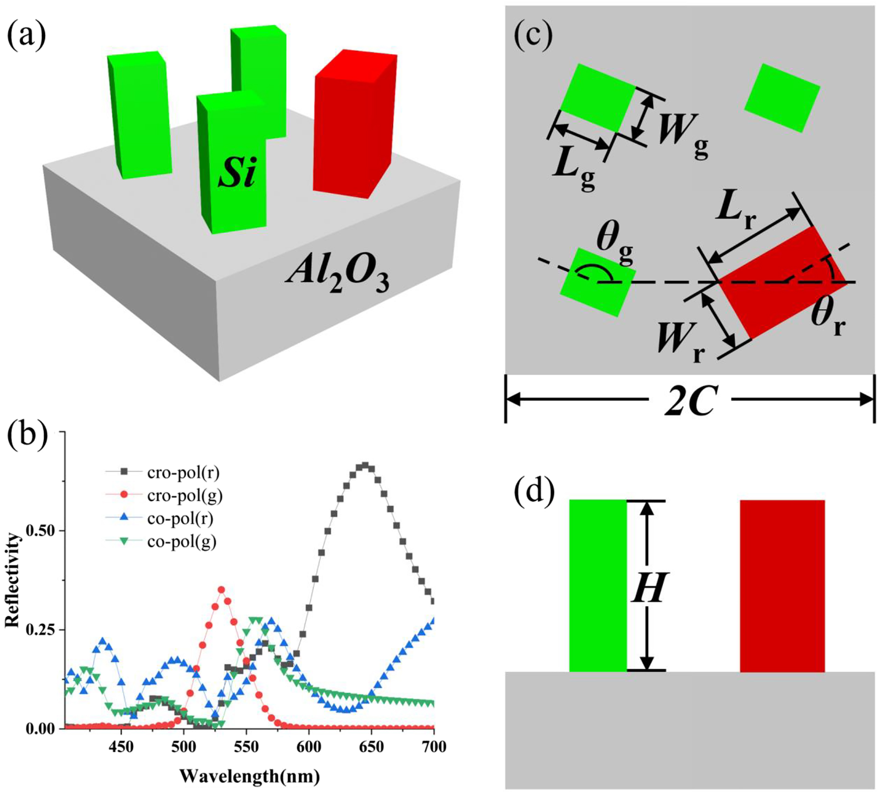 Figure 7:
Illustration of a unit cell of the metasurface and the simulation results.
(a) Schematic diagram of the supercell nanostructure, which includes Si nanobricks sitting on an Al2O3 substrate. (b) Reflectivities of the output cro-pol and co-pol parts under CP light illumination, “r” and “g” in the parentheses indicate the red and green nanobricks, respectively. (c) Top view of the supercell nanostructure, which consists of four sub-cells with the same sub-cell size of 300 nm. Red nanobricks have the dimensions of 180 nm in length (L
r
) and 110 nm in width (W
r
). Green nanobricks have the dimensions of 100 nm in length (L
g
) and 80 nm in width (W
g
). (d) Side view of the supercell nanostructure. The Silicon nanobricks layer has a fixed height of 230 nm.