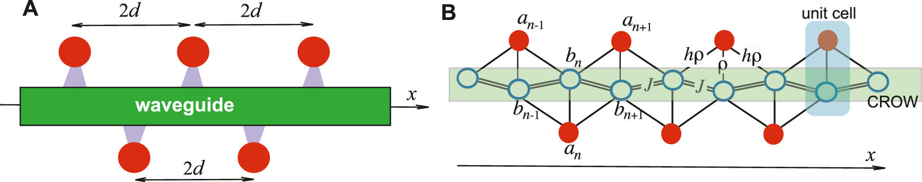 Figure 1:
(A) Schematic of a waveguide with N side-coupled optical resonators or cavities (N = 5 in the figure). Adjacent cavities are spaced by a distance d. (B) A CROW in a zig-zag geometry (blue rings) with side-coupled optical cavities (red circles). The solid bonds show the couplings of the various cavities/resonators. Note that each cavity is coupled to three resonators of the CROW with coupling constants ρ and hρ. The distance between adjacent cavities is d = 1 (in units of the CROW period). The overall cavities-CROW system can be viewed as a bipartite lattice with two sites in the unit cell (sublattice A formed by the side cavities and the sublattice B formed by the resonators of the CROW). The weak-coupling limit corresponds to ρ ≪ J, where J is the coupling rate of adjacent resonators in the CROW.