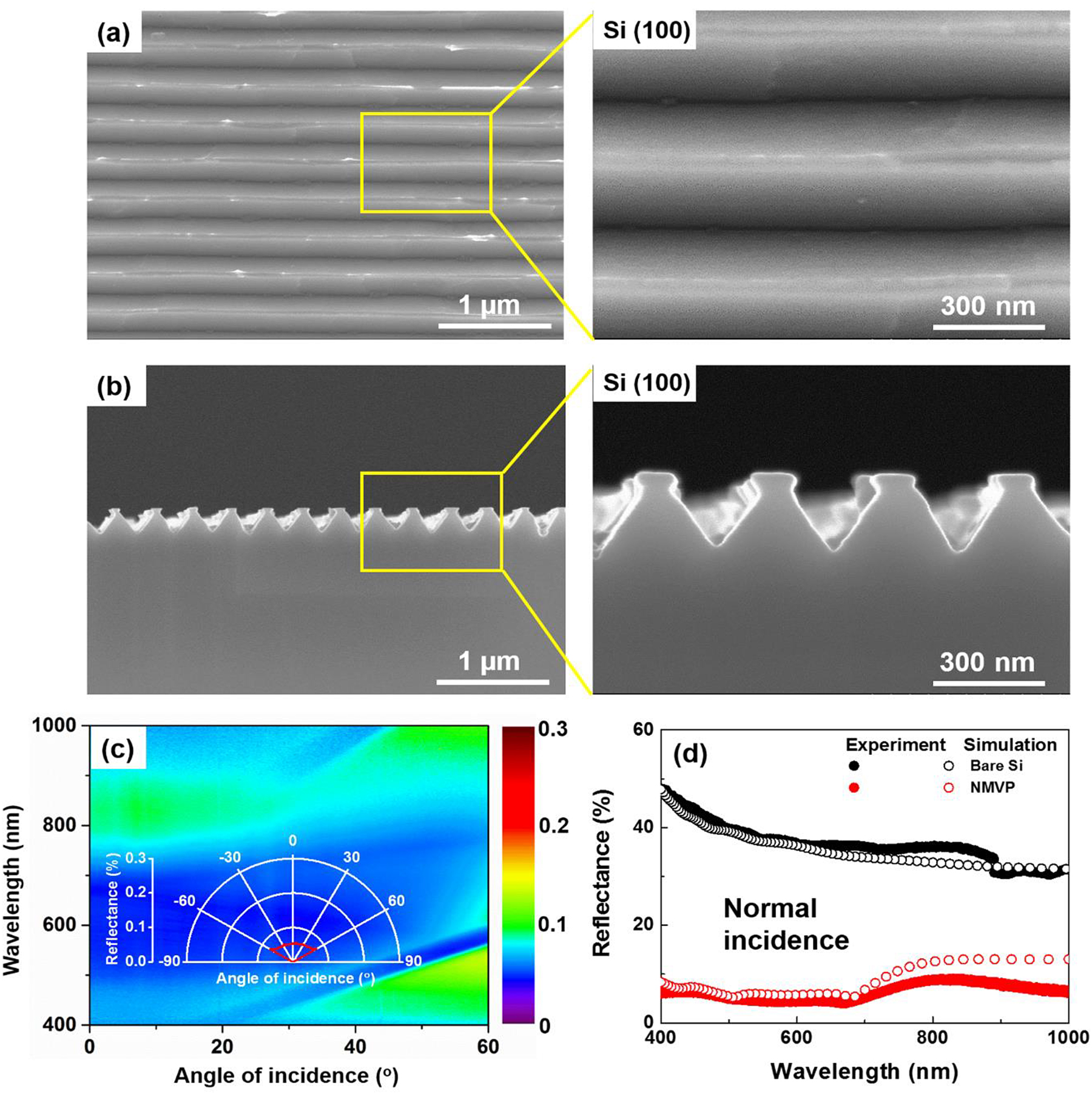 Figure 6: 
SEM images of the Si nanograting structures after wet etching for 5 min.
(a) Top-view and (b) side-view. (c) Measured incidence-angle dependence of the reflectance spectra for p-polarized light. The white polar coordinate illustrates the retrieved angular reflection intensity at the incident wavelength of 700 nm. (d) Measured (solid-circles) and simulated (void-circles) optical reflectivity for p-polarized light at normal incidence. Black: bare Si. Red: Si decorated with NMVP structures.