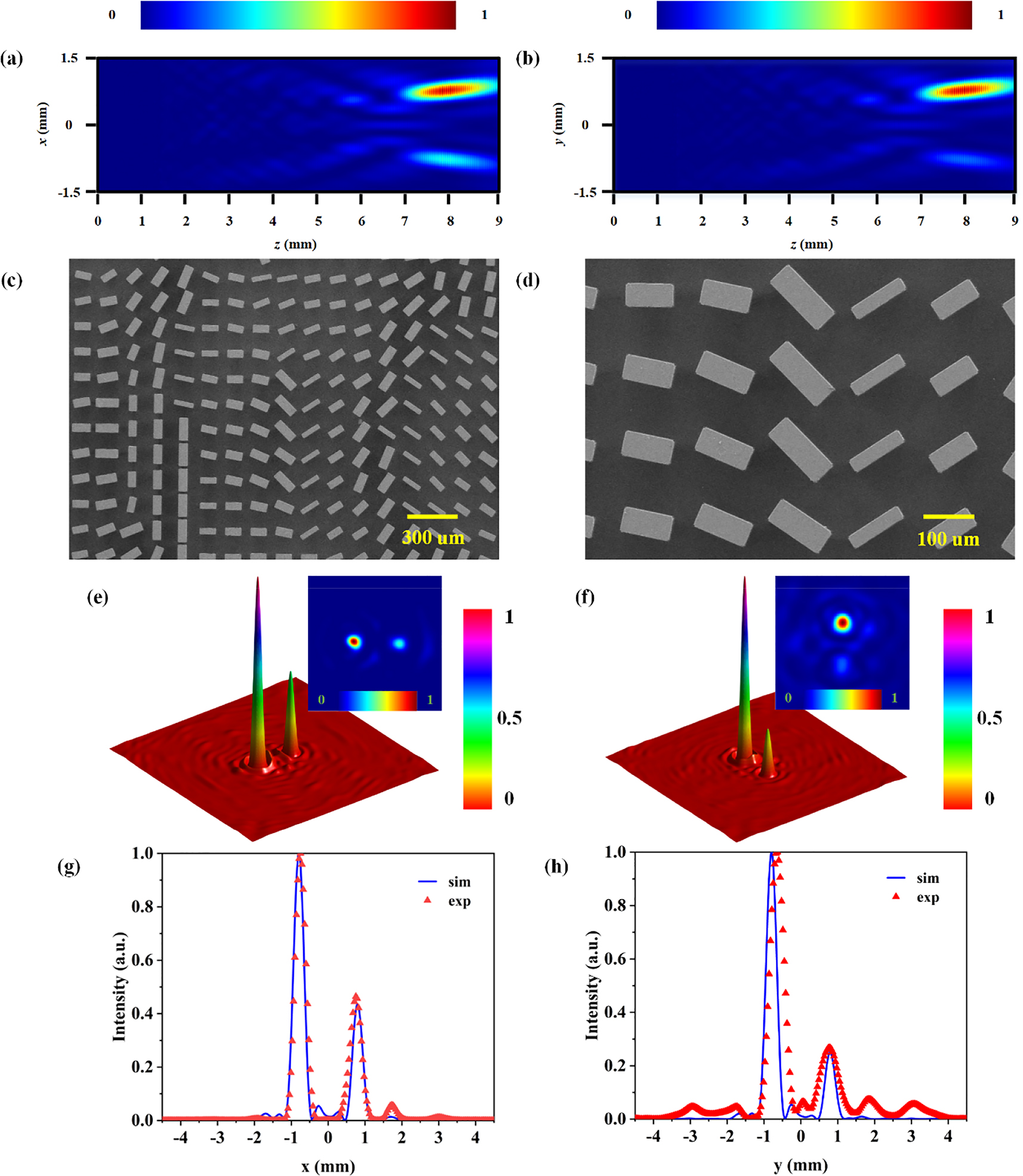 Figure 4:
Characterization of the horizontal/vertical bifocal metalens.
(a) The axial intensity profile (xoz) of the transmitted RCP component under the LCP illumination. (b) The axial intensity profile (yoz) of the transmitted LCP component under the RCP illumination. (c, d) SEM images of the fabricated sample. (e) The simulated RCP intensity profile at the focal plane under the LCP illumination. The inset is the measured intensity profile. (f) The LCP intensity profile under the RCP illumination. The inset is the measured intensity profile. (g) The simulated and measured intensity profile along the x axis at the focal plane under the LCP illumination. (h) The simulated and measured intensity profile along the y axis at the focal plane under the RCP illumination.