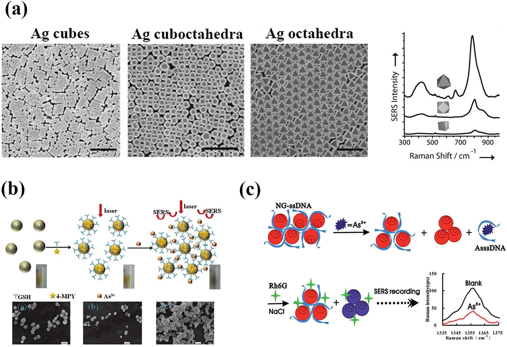 Figure 5: 
Representative strategies for efficient detection of As(III) or As(V).
(a) Direct detection of arsenate and arsenite based on the characteristic peaks at 800 and 425 cm−1 [91]. (b) Aggregation induced by combining with GSH [96]. (c) As3+ ions are specifically complexed with aptamer [99].
