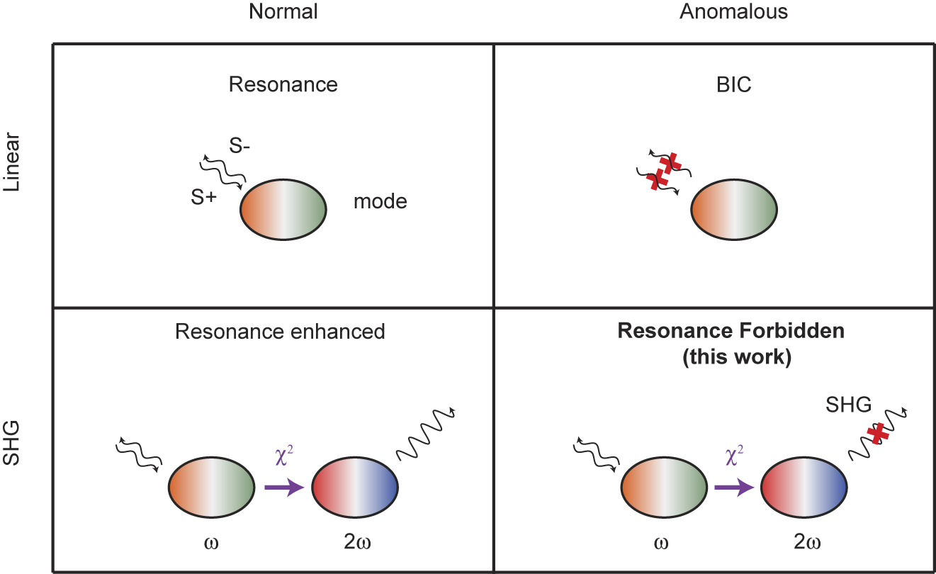 Figure 1: 
Basic concept of this work. Top row: unlike normal resonances, bound states in the continuum (BICs) in linear optical systems do not couple to the radiation channels. Bottom row: in this work, we show that instead enhancing the SHG like in most resonances, SHG can be completely forbidden in certain cases, which we name “resonance-forbidden SHG”.
