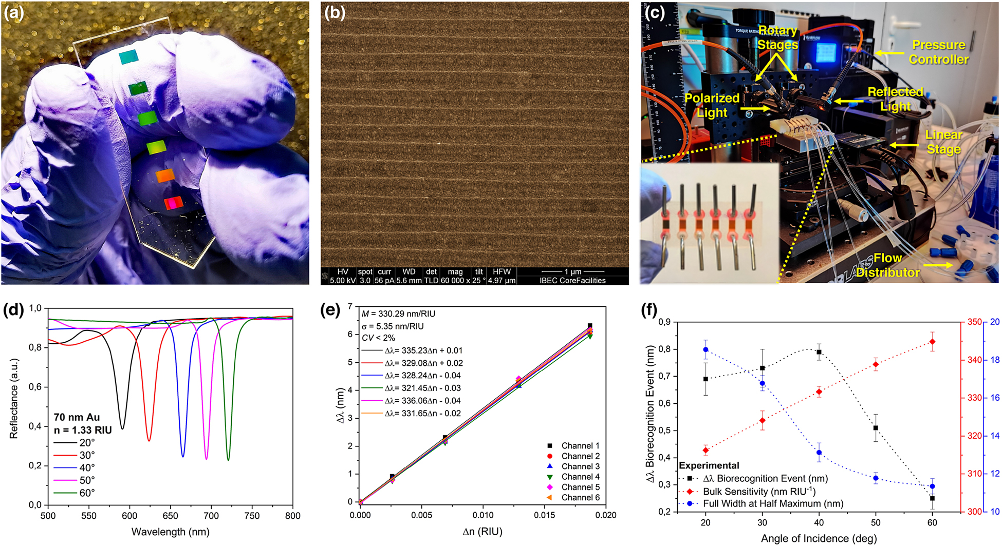 Figure 3:
Fabrication and characterization of the multichannel 1D plasmonic nanocrystals-based biosensor.
(a) Photography of a 70 nm Au evaporated Blu-Ray disc substrate and the characteristic diffraction of light. (b) SEM photograph of the fabricated plasmonic nanocrystals. (c) Experimental set-up including the optical detection scheme and the microfluidic system. The insert shows the multichannel integrated sensor. (d) Variation of the reflectance spectra in the water of the plasmonic nanocrystals under different light incidence angles. (e) Calibration curves and bulk sensitivity reproducibility between the six channels for the proposed plasmonic sensor. (f) Influence of the different incident angles of light in the sensing and biosensing performance of the plasmonic nanostructures.
