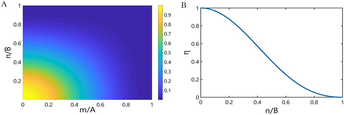 Figure 3: 
(A) The relationship between the highest achievable anomalous refraction efficiency and m/A, n/B when the incident light is diffracted to the (m, n)th order. (B) The relationship between the highest achievable anomalous refraction efficiency and n/B when the incident light is diffracted to the (0, n)th order and when the metasurface has only one phase gradient along a single direction.
