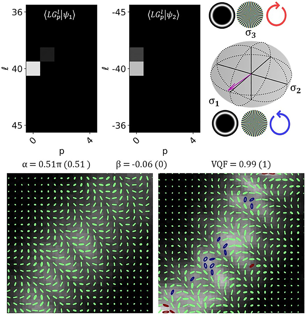 Figure 5:
Crosstalk matrices and state vector lying on the HOPS sphere for
|
ψ
1
(
2
)
〉
=
LG
0
(
0
)
40
(
−
40
)
$\vert {\psi }_{1\left(2\right)}\rangle ={\text{LG}}_{0\left(0\right)}^{40\left(-40\right)}$
(top left). HOPS sphere for l ± 40 with the state vector (top right). Cropped regions displaying the SOP.