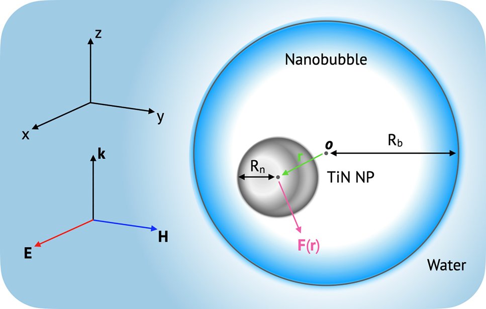 Figure 1: 
Schematic of optical configuration of a TiN NP in a nanobubble, which is in the medium of water. F(r) is the optical force on the TiN NP, where r is the center of NP. k, E, and H denote the wave vector, the electric field, and the magnetic field of an incident plane wave, respectively. 




R
n




${R}_{\text{n}}$



 is the radius of TiN NP; 




R
b




${R}_{\text{b}}$



 is the radius of nanobubble. 
o
 is the origin of the Cartesian coordinate system.
