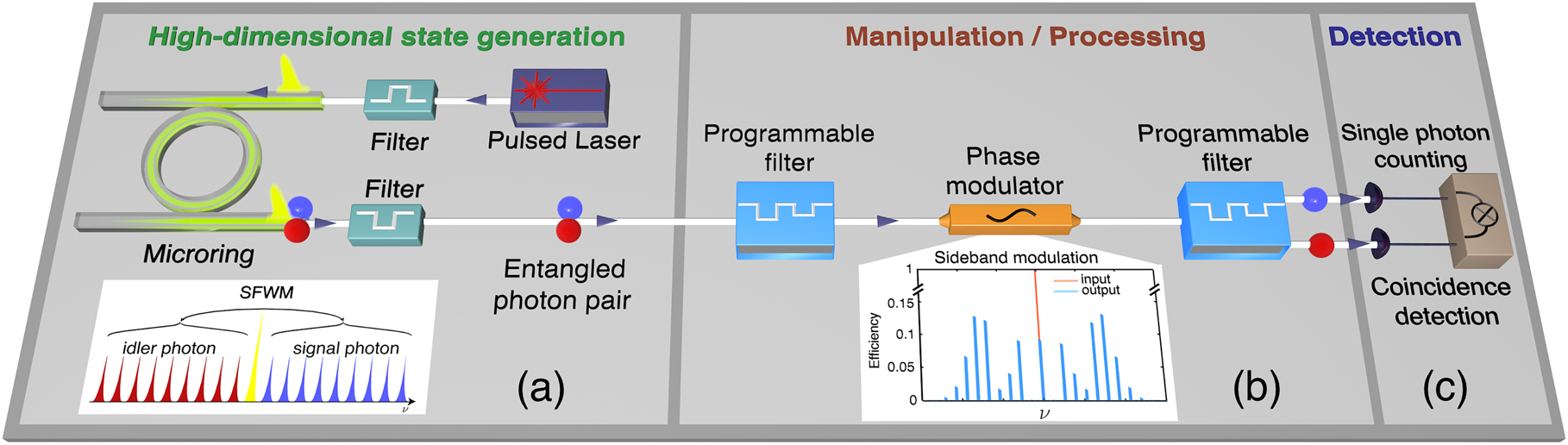 Figure 1: 
Scheme for the generation (a), manipulation/processing (b), and detection (c) of multi-level frequency-entangled photon pairs. The inset in the left panel depicts the signal and idler photons being generated in a superposition of multiple frequency modes. The inset in the central panel reports the sidebands produced by the phase modulator for shifting and mixing the frequency modes. Adapted from [37].
