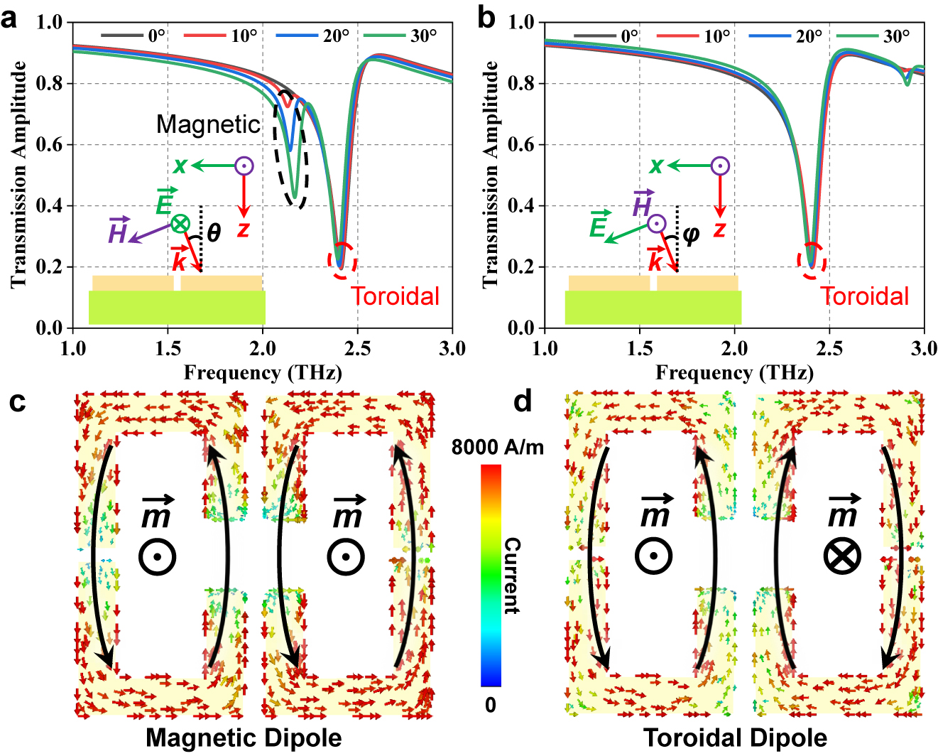 Figure 3: 
Transmission spectra of the toroidal metasurface under oblique illumination for (a) transverse electric and (b) transverse magnetic modes. Simulated surface currents for (c) magnetic and (d) toroidal resonances at 2.17 THz and 2.39 THz, respectively.
