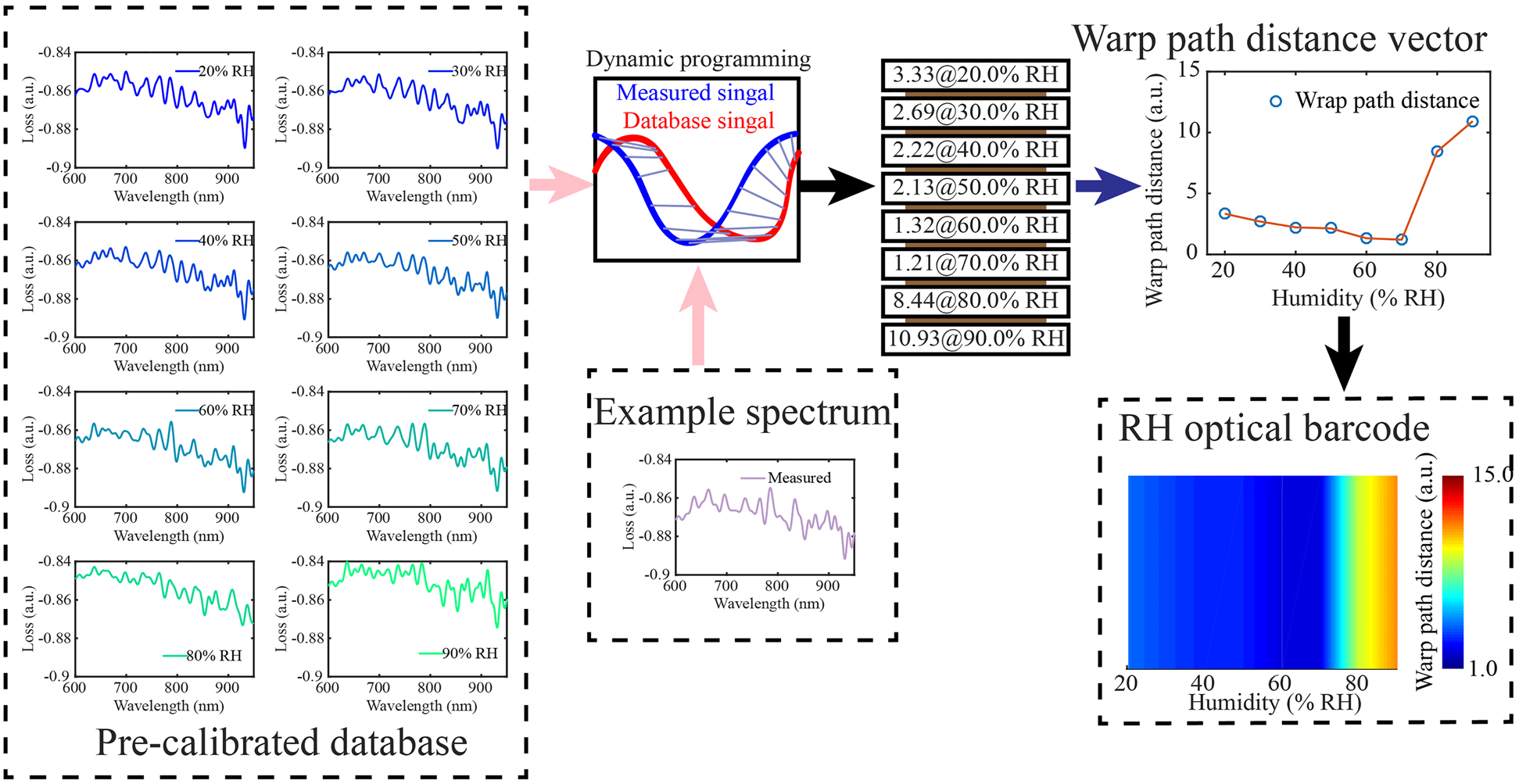Figure 3: 
The process of extracting the RH optical barcode from the reflection spectrum of the RH meta-tip.
