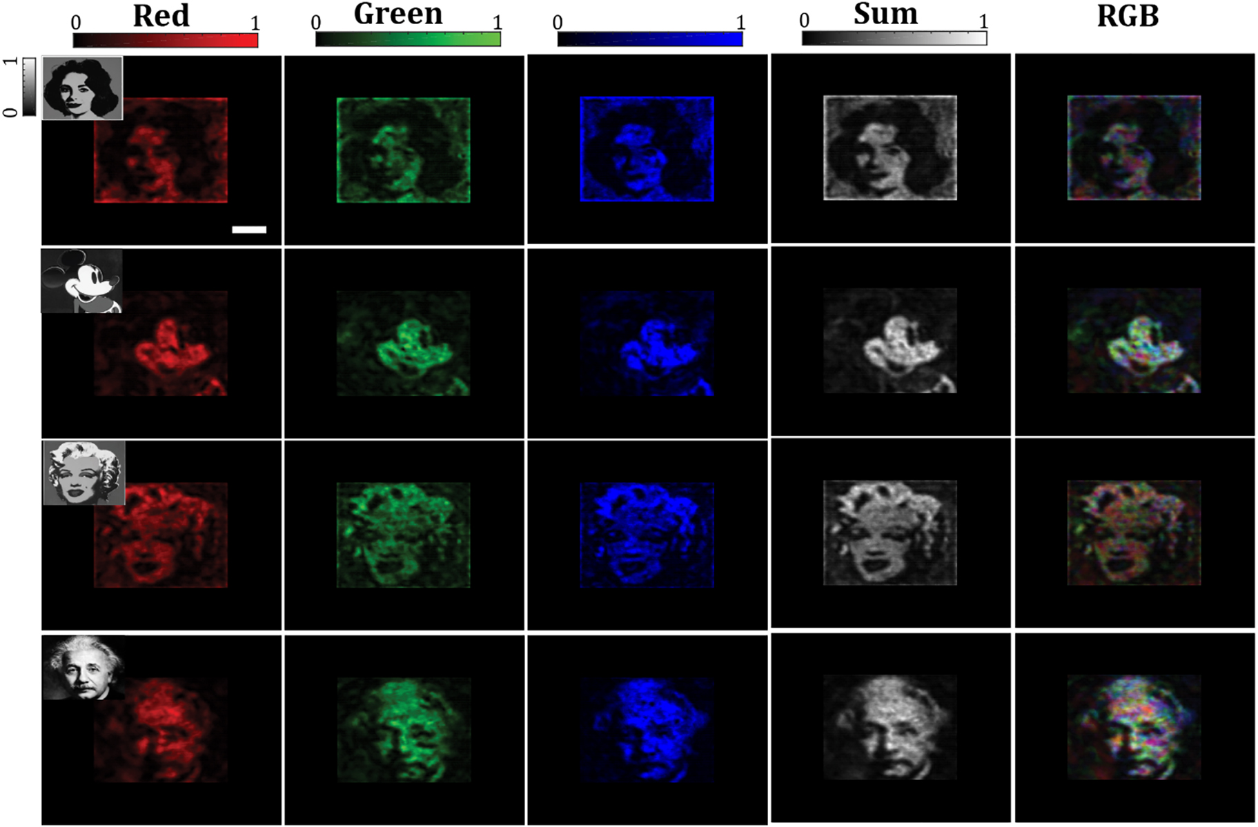 Figure 6: 
Continuous grey-scale image projection. Examples of natural-scene continuous grey-scale target and experimentally projected images being sent through the MMF and captured on the camera for colors red, green, blue and the three-channel RGB as well as the superposition of all three colors in one channel (sum) are shown. Figure adopted from [60].
