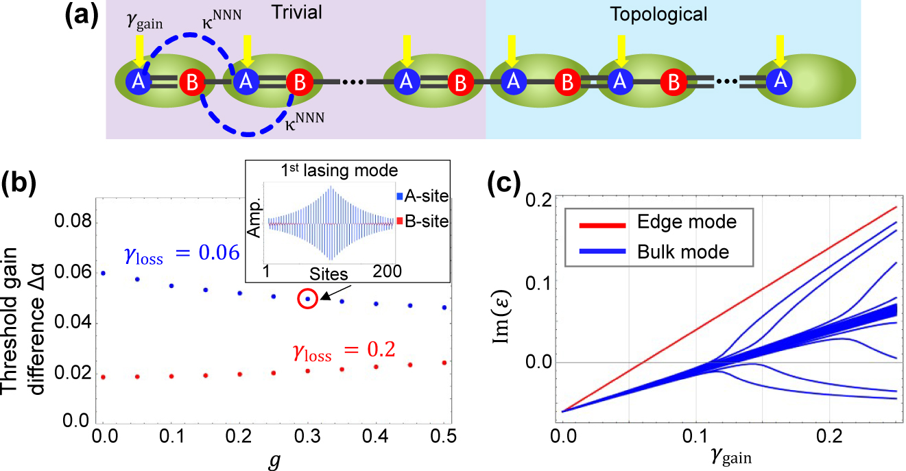 Figure 6:
Robustness against next-nearest-neighbor cavity couplings.
(a) Extended tight-binding model for the topological laser, including the NNN couplings. NN couplings and NNN couplings are given as
κ
1
N
N
,
κ
2
N
N
${\kappa }_{1}^{\mathrm{N}\mathrm{N}},{\kappa }_{2}^{\mathrm{N}\mathrm{N}}$
and κ
NNN, respectively. All sites are subject to loss at a rate of γ
loss, while gain γ
gain is additionally supplied only to the A-sites. (b) Threshold gain difference Δα as a function of ratio g of NNN couplings to NN couplings in a finite system consisting of n
tri = 100 trivial and n
topo = 101 topological cavities. Blue and red dots are for the loss γ
loss = 0.06 and 0.2, respectively. The inset in (b) provides a representative sample of the edge mode profile for g = 0.3 where blue and red bars indicate the amplitudes on A-site and B-site, respectively. (c) Imaginary parts of eigenenergies versus supplied gain on A-site γ
gain. The red and blue lines indicate the energy of the edge mode and bulk modes, respectively. The parameters used are κ
1 = 1.0, κ
2 = 1.04 and the loss is set to γ
loss = 0.06 in (c).