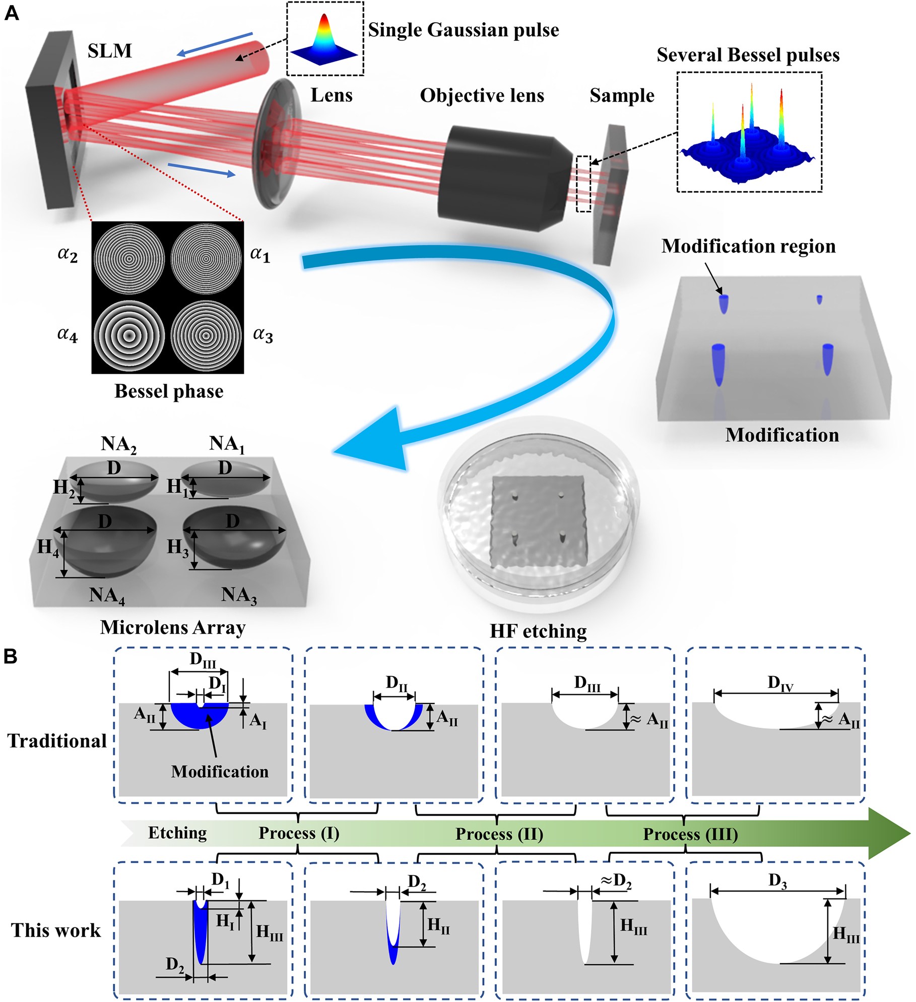 Figure 1:
Schematic of the design and fabrication of an MLA with multiple NAs and analysis of etched procedure after modification. (A) Schematic of the design and fabrication of an MLA with multiple NAs. (B) Schematic comparison of traditional technology and proposed technology in the etching procedure. The blue region represents the modification region, the white default region represents the structure region. D represents the structure diameter. A and H represent the height of the structure fabricated by the traditional technology and the proposed technology, respectively.
