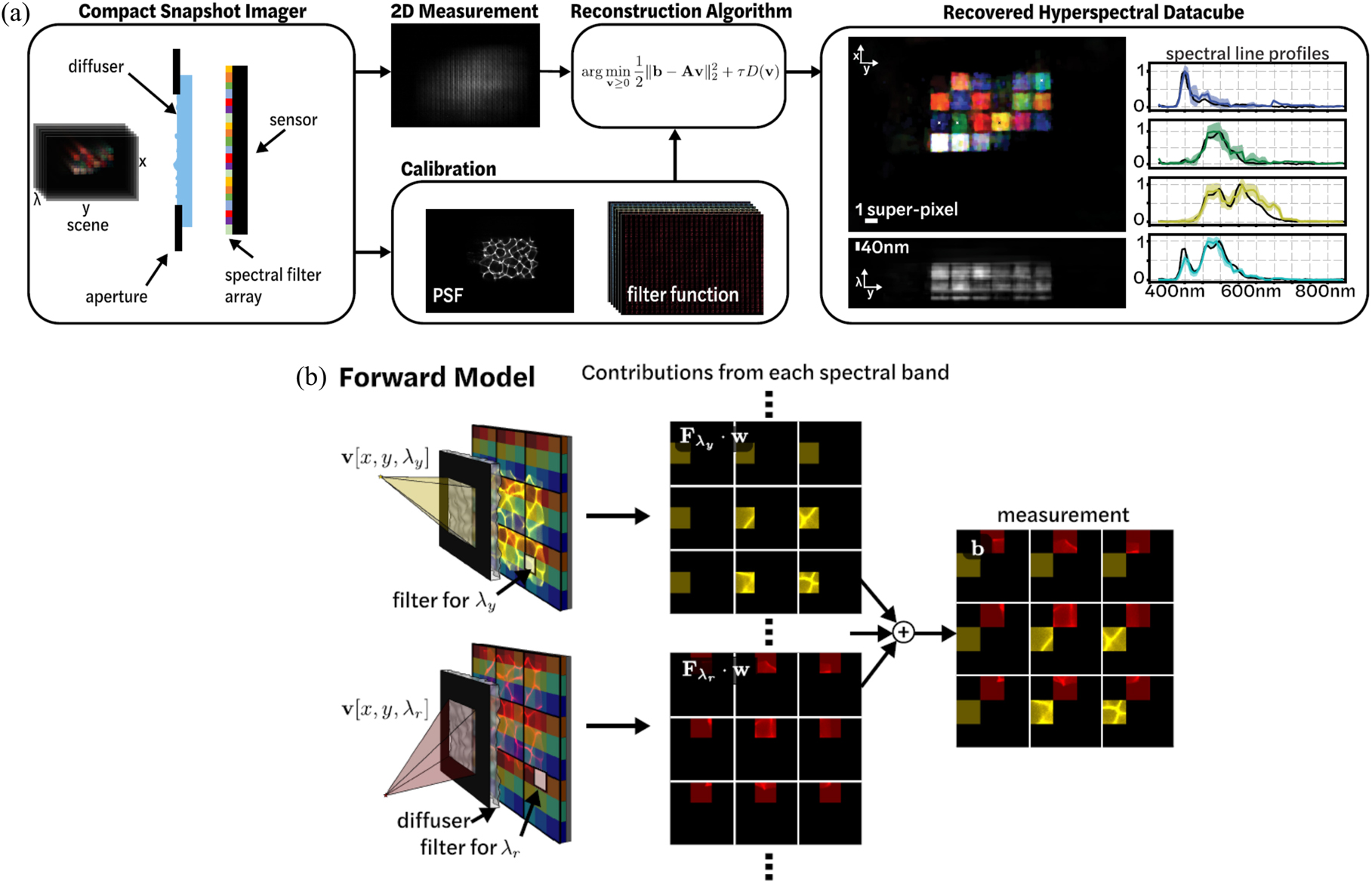 Figure 4: 
The working mechanism of combining a diffuser and spectral filter array to improve the spatial resolution in spectral imaging. (a) Overview of the Spectral DiffuserCam imaging pipeline, which reconstructs a hyperspectral data cube from a single-shot 2D measurement. (b) Image formation model for a scene with two point sources of different colors, each with narrow-band irradiance centered at y (yellow) and r (red). The final measurement is the sum of the contributions from each individual spectral filter band in the array. (a) and (b) are reprinted with permission from Ref. [28], copyright 2019 Optical Society of America.
