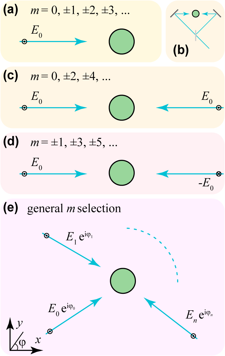 Figure 3: 
Mode selection through light interference. A single incident light plane wave (a) contains all possible values of the azimuthal number m in the external field, and can thus excite all available SPDC channels for the chosen input frequency. We can combine illumination from different directions through beam splitters and mirrors, as indicated in (b) for two-plane-wave irradiation, leading to a selection of the m values from the external light. Examples of selection by irradiation with two in-phase and out-of-phase counter-propagating plane waves are shown in (c) and (d). More stringent selection of m is possible by combining multiple plane waves of amplitudes E
j
 along different azimuthal directions φ
j
, with j = 0, …, n.