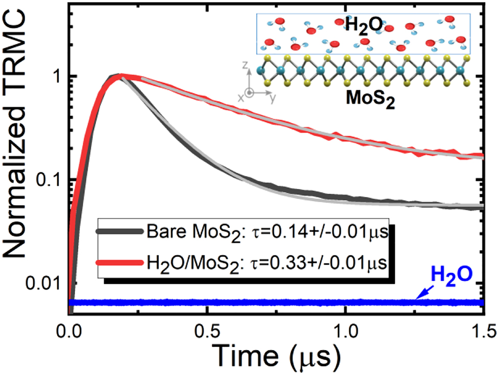 Figure 5: 
Normalized transient photoconductivity of bare MoS2 (black line) and MoS2 covered by water (red line). The gray lines represent the fits with exponential decay. No TRMC signal was observed from the water film deposited on quartz. The water TRMC trace is plotted with a blue line with an offset added to visualize it on the adopted scale in the figure.
