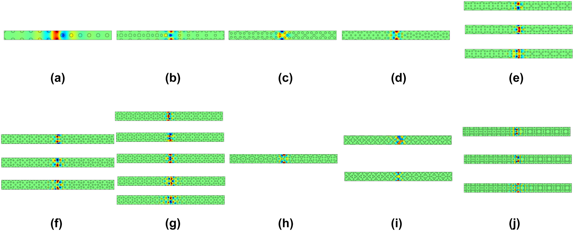 Figure A2: 
Eigenfield distributions of edge states (k
|| = 0) for the supercells consisting of (a) UC1A and UC1B, (b) UC3A and UC3B, (c) UC5A and UC5B, (d) UC7A and UC7B, (e) UC9A and UC9B, (f) UC11A and UC11B, (g) UC13A and UC13B, (h) UC15A and UC15B, (i) UC17A and UC17B, and (j) UC19A and UC19B.
