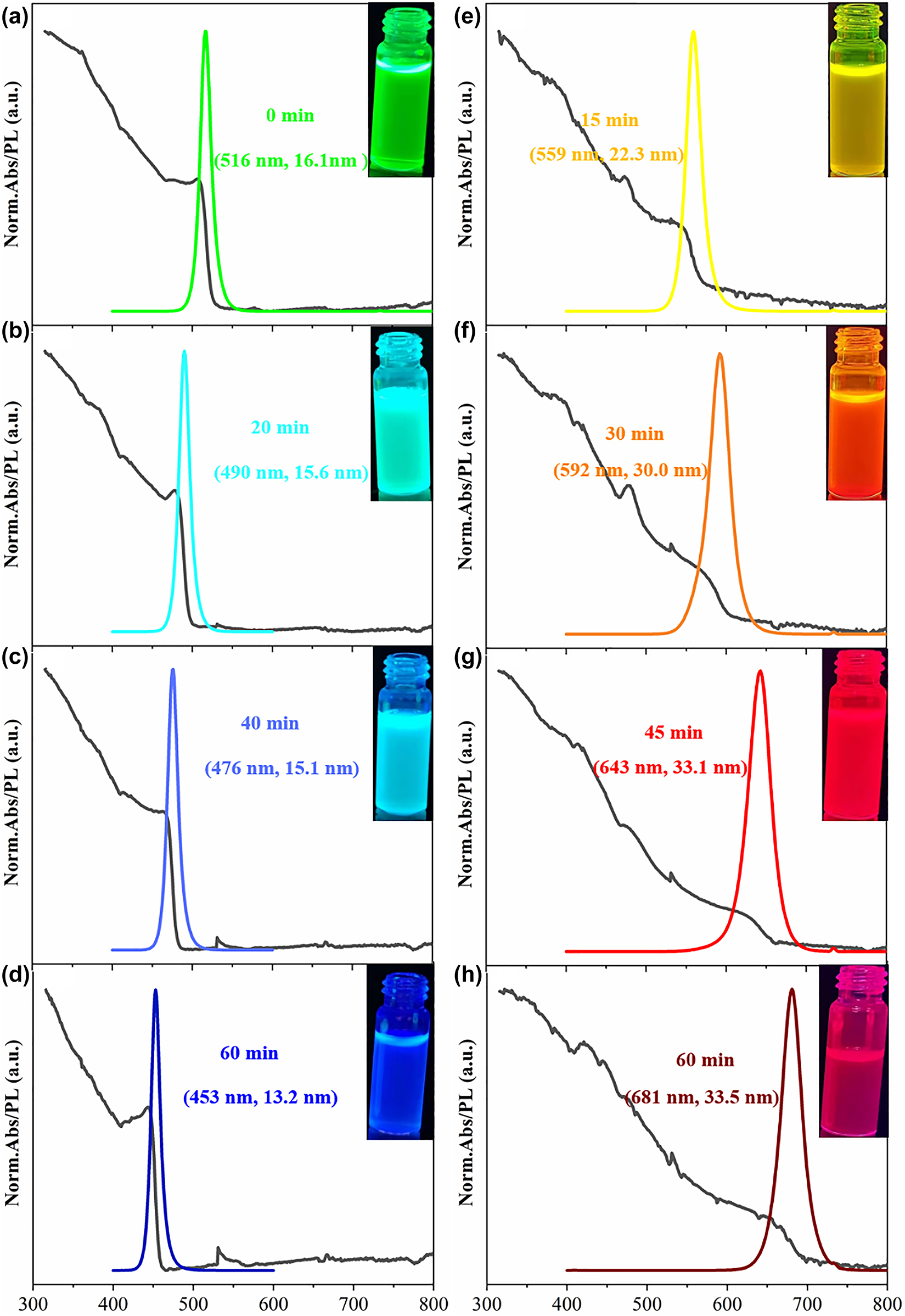 Figure 3: 
Absorption and PL spectra of the mixture of anion exchange resin and CsPbBr3 PQDs at different reaction times.
(a)–(d) Type-Cl anion exchange resin participates in the reaction. (e)–(h) Type-I anion exchange resin participates in the reaction. Insets show the corresponding photographs.
