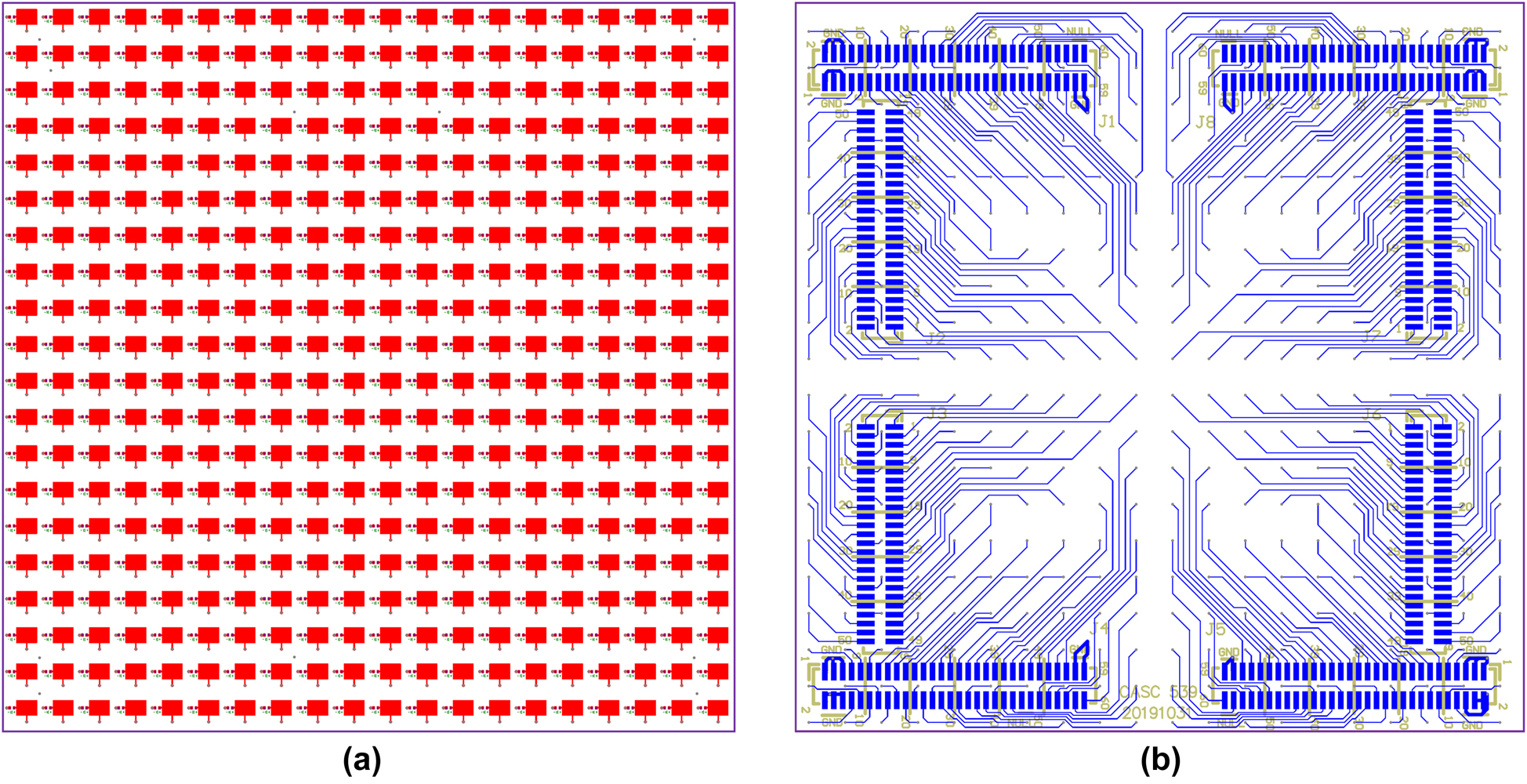 Figure 4:
Overall configuration of the proposed metasurface with 20 × 20 units.
(a) Top layer with the reflective patches. (b) Bottom layer with bias layer network layout.