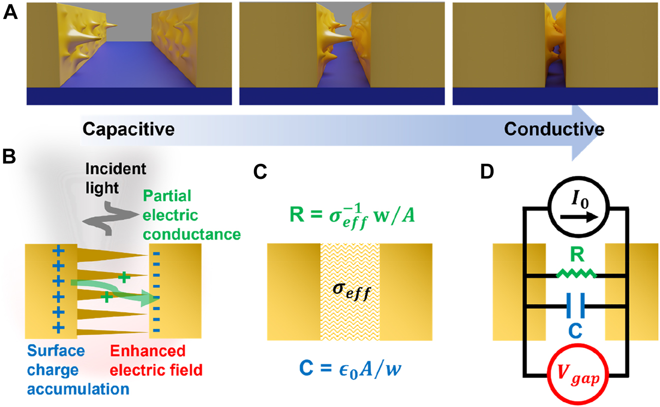 Figure 8:
Zero-nanometer limit for an extended gap.
(A) A schematic view of an extended metallic nanogap reaching a subnanometer width and below. The gap does not close uniformly, and there always exist salient pyramids that make point contacts first. The gap therefore gradually transitions from capacitive to conductive screening regime. (B) Description of an extended gap in a partially conducting regime. Incident light creates surface current which in turn accumulate charges at the surface and induce the electric field enhancement. The capacitive charge accumulation is partially screened by conduction of electric current through the pyramids. (C) Effective medium description of the gap depicted in (B). Permittivity of the gap
ϵ
gap
${{\epsilon}}_{\text{gap}}$
is related to
σ
eff
${\sigma }_{\text{eff}}$
via Eq. (14) in the main text. (D) R–C circuit representation of the gap, where each component is drawn in the same color as the corresponding phenomenon in (B). Response of the circuit can be described as
V
gap
(
f
)
=
I
0
(
f
)
/
(
R
−
1
−
i
2
π
f
C
)
${V}_{\text{gap}}\left(f\right)={I}_{0}\left(f\right)/\left({R}^{-1}-i2\pi fC\right)$
, which allow us to express the effective optical permittivity of the gap as
ε
gap
=
1
+
i
/
2
π
f
R
C
${\varepsilon }_{\text{gap}}=1+i/2\pi fRC$
.