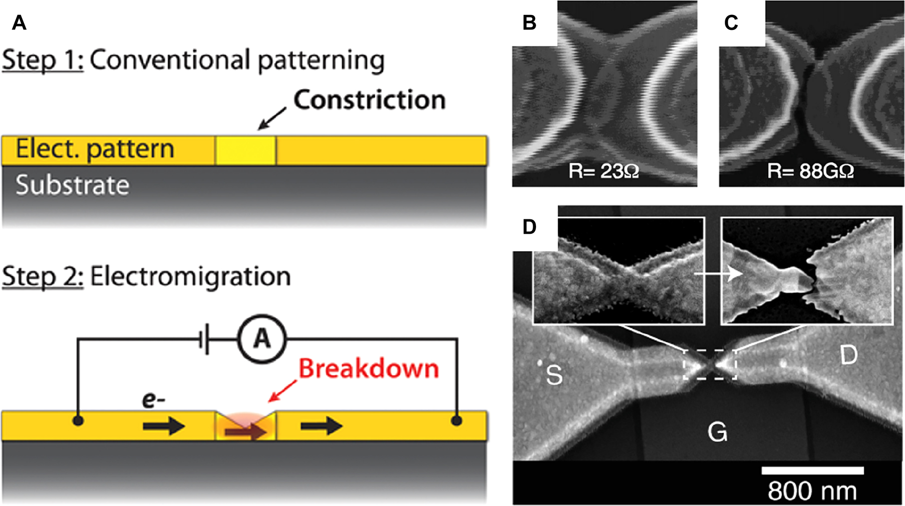 Figure 15: 
Fabricating nanometer-wide gaps with electromigration.
(A) When electric current flows through a metallic pattern with a constriction, atoms diffuse gradually from the constriction, and eventually breakdown occurs to form a gap. (B) and (C) SEM images and resistance measured through the junction before and after electromigration process. (D) SEM image of a bowtie antenna fabricated with electromigration technique, operating at terahertz frequencies. Reproduced with permission from [160] (A) [161], (B) and (C) [29], (D).
