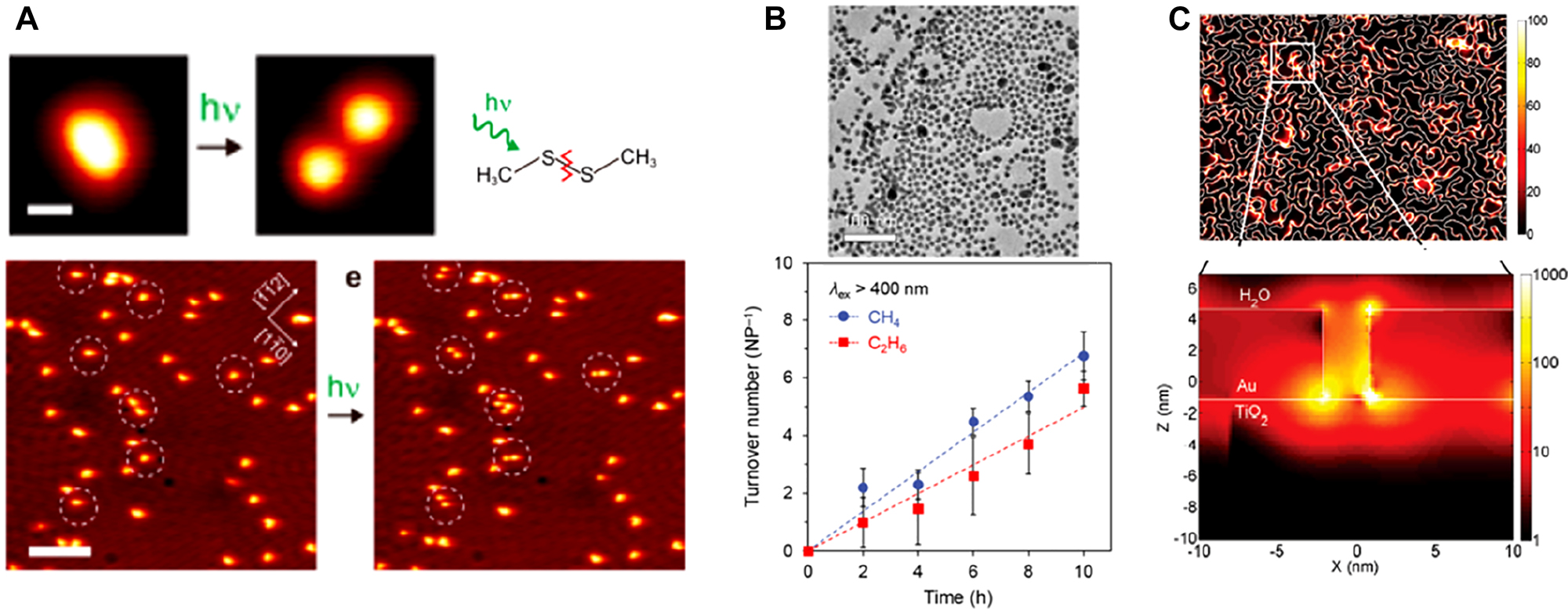 Figure 19: 
Experimental demonstration of plasmonic induced photoreaction.
(A) STM monitored photo-dissociation of sulfide bonds of dimethyl disulfide on Ag or Cu surface with 532 nm excitation [237]. (B) Photo-induced CO2 conversion to CH4 and C2H6 via plasmonic excitation of Au nanoparticles [236]. (C) Plasmonic enhanced water splitting in Au nanogap structures [235].
