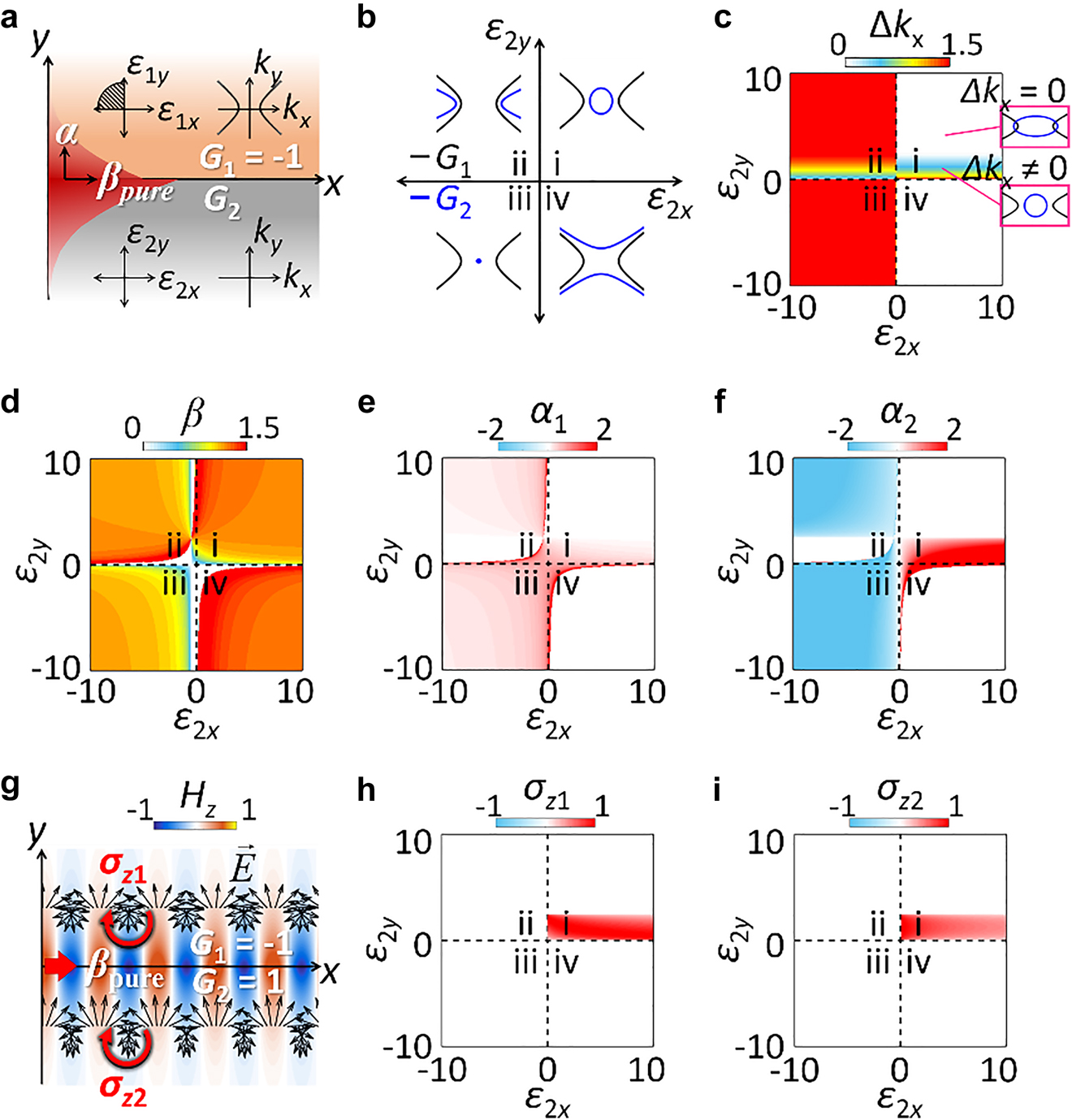 Figure 2: 
Lifshitz interface at the same IFC dimensionality.
(a) An interface between a hyperbolic-I layer (G
1 = −1) and a varying layer (G
2). (b) Four quadrants of IFCs in the material parameter space (i: G
2 = 1, ii: G
2 = −1, iii: G
2 = s, iv: G
2 = −1) with the hyperbolic-I top layer (G
1 = −1). (c–f) Phase diagrams for (c) wavevector gap Δk

x
, (d) propagation constant β, and (e and f) decay factors of (e) α
1 and (f) α
2. (g) Magnetic field profile H

z
 for a pure T-spin mode at the Lifshitz interface having the same IFC dimensionality (G
1 = −1 with ε
1x
 = −0.5, ε
1y
 = 2.5, and G
2 = 1 with ε
2x
 = 0.5 ε
2y
 = 1.5). Black and red arrows denote E-field and the T-spin handedness, respectively. (h and i) Phase diagrams for T-spin density σ

z1 and σ

z2. In (c–f, h, and i), the top layer has ε
1x
 = −0.5 and ε
1y
 = 2.5.
