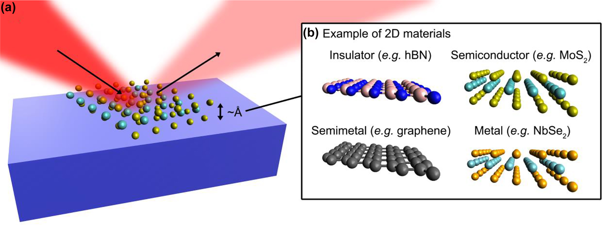 Figure 1: 
Spectroscopic ellipsomety for low-dimensional materials. 
(a) Spectroscopic ellipsometry measures amplitude and phase of the light obliquely reflected by 2D materials on a substrate. Thickness of the 2D materials is usually at the Angstrom scale. (b) Typical 2D materials with various optical, electrical, and magnetic properties.