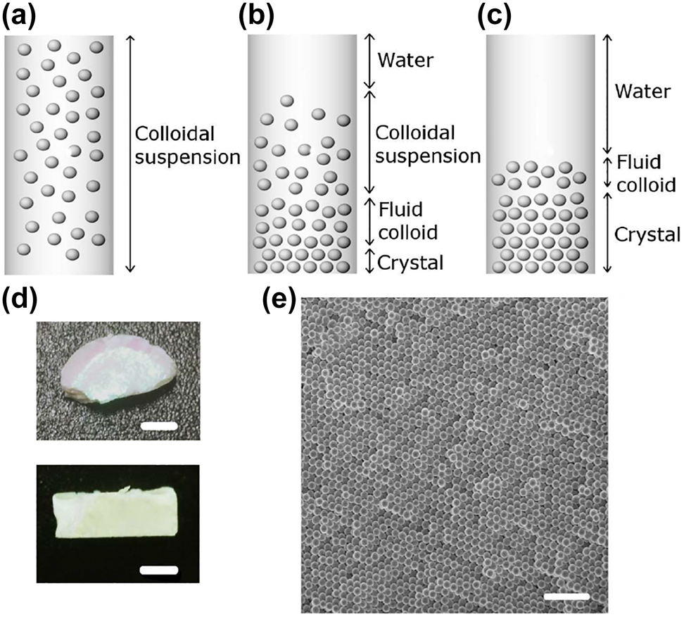Figure 1: 
Schematic illustration of a colloidal suspension of silica spheres in different phases: initial (a), during (b) and final (c). (d) Optical image of a dried thick sample with a ϕ
0 = 0.037. (e) Scanning electron microscope (SEM) image of a sample with d = 250 nm and ϕ
0 = 0.018 that shows an fcc lattice. The scale bars are 3 mm (d) and 1.25 µm (e).
