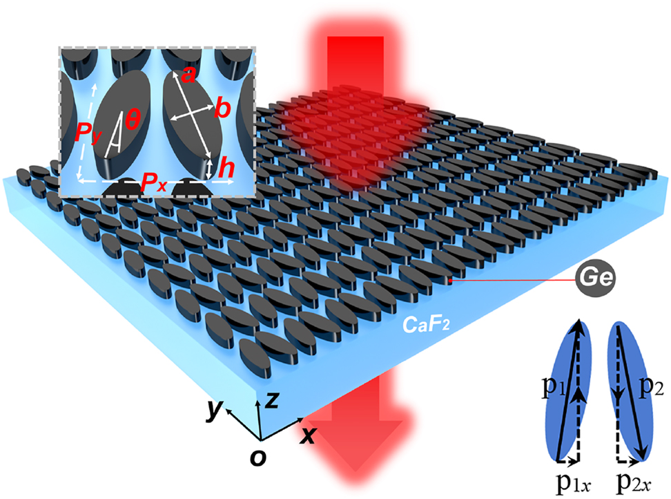 Figure 1: 
Schematic diagram of the structure supporting the QBIC resonance, with the inset presenting an enlargement of a single periodic cell. The inset in the lower right corner denotes the formation of the QBIC mode due to two counter-directional electric dipoles.
