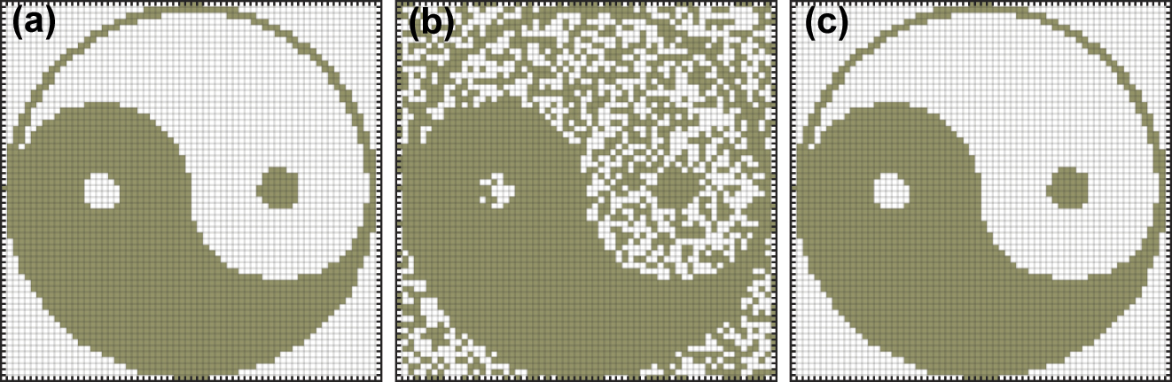 Figure 3: 
Reconstruction of a binary image by a coherent laser network with a properly trained weight matrix. (a) A binary 64 × 64 pixel image memorized by the CLN. (b) A corrupted version of the memorized binary image is used as initial phase distribution of the trained CLN. (c) The original image is reconstructed as the network evolves to its equilibrium state.