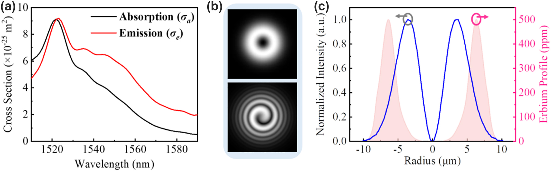 Figure 4: 
Simulated parameters of the RC-EDF. (a) Absorption and emission cross-sectional area of fluorescence photons with the OAM1 mode. (b) Mode pattern and interferogram, (c) normalized intensity of OAM1 mode at the wavelength of 980 nm, and the erbium concentration.
