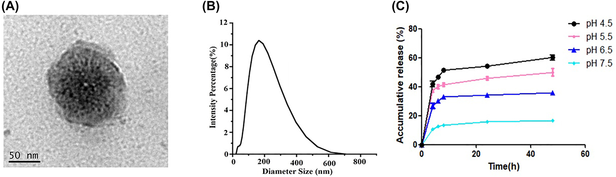 Figure 1:
TEM images of PSL-FTY720/AB (A), dimeter of PSL-FTY720/AB (B), and vitro release of FTY720 at different pH value (C).