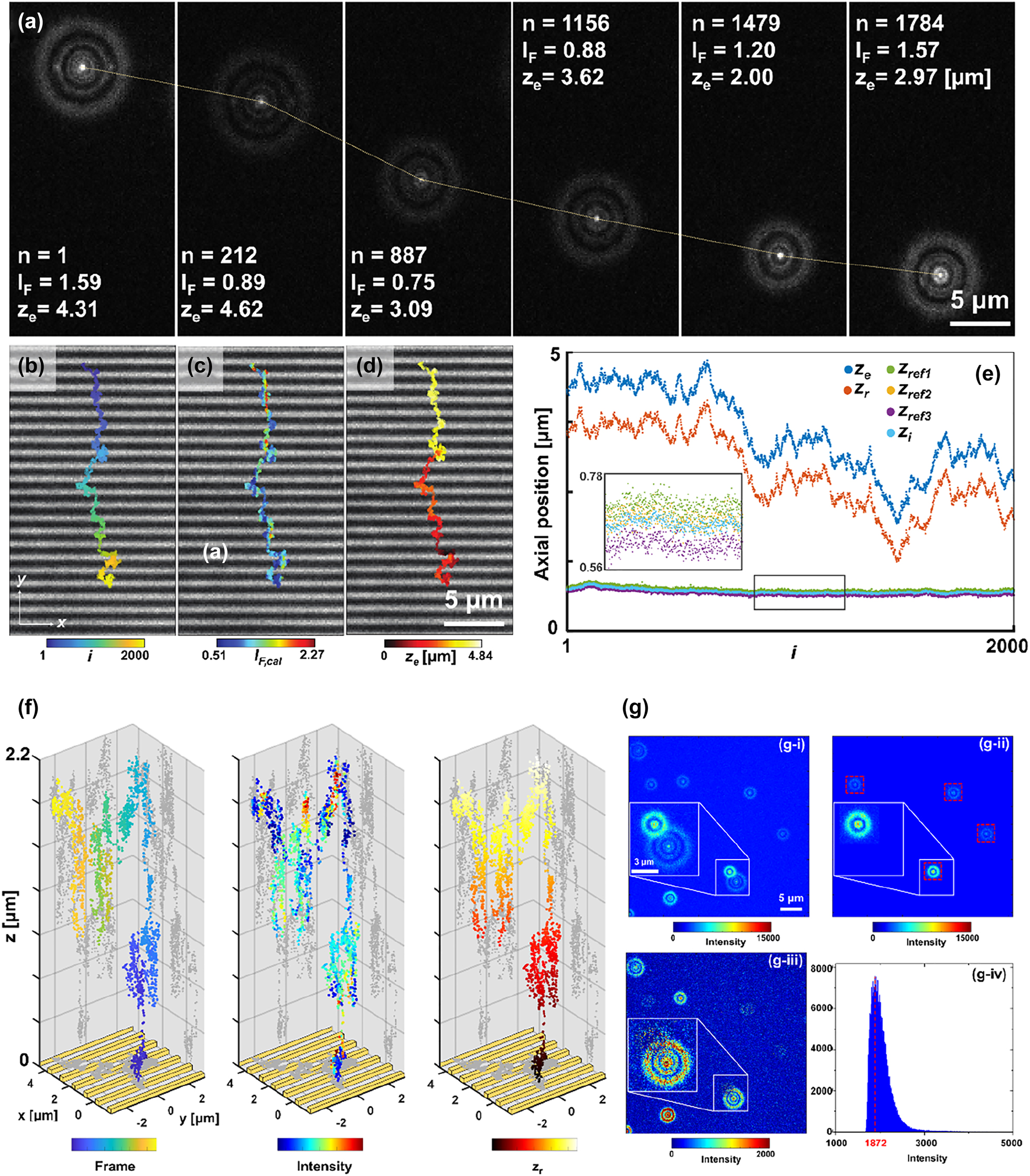 Figure 3: 
Three-dimensional tracking of fluorescent emitters. (a) Diffraction ring patterns of a fluorescent emitter above nanoslit arrays (frame index i = 1, 212, 887, 1156, 1479, and 1784). (b–d) Trajectories of fluorescent emitters near nanoslits for 2000 frames overlaid with a bright-field image of nanoslits. Color bars: frame number, fluorescence intensity and axial position z

e
. (e) Plot of z

e
, z

r
, and z

p
 as well as axial position of three reference emitters (z
ref1, z
ref2, z
ref3) with respect to the frame number. (f) 3D trajectories of a fluorescent emitter. Three different color maps represent the frame number (left), fluorescence intensity (middle), and relative axial position (right). (g) Representative overlapped two ring image induced by adjacent two emitters. (i) a raw image, (ii) a reference image, and (iii) a difference image. (iv) Intensity histogram of (g–i).

