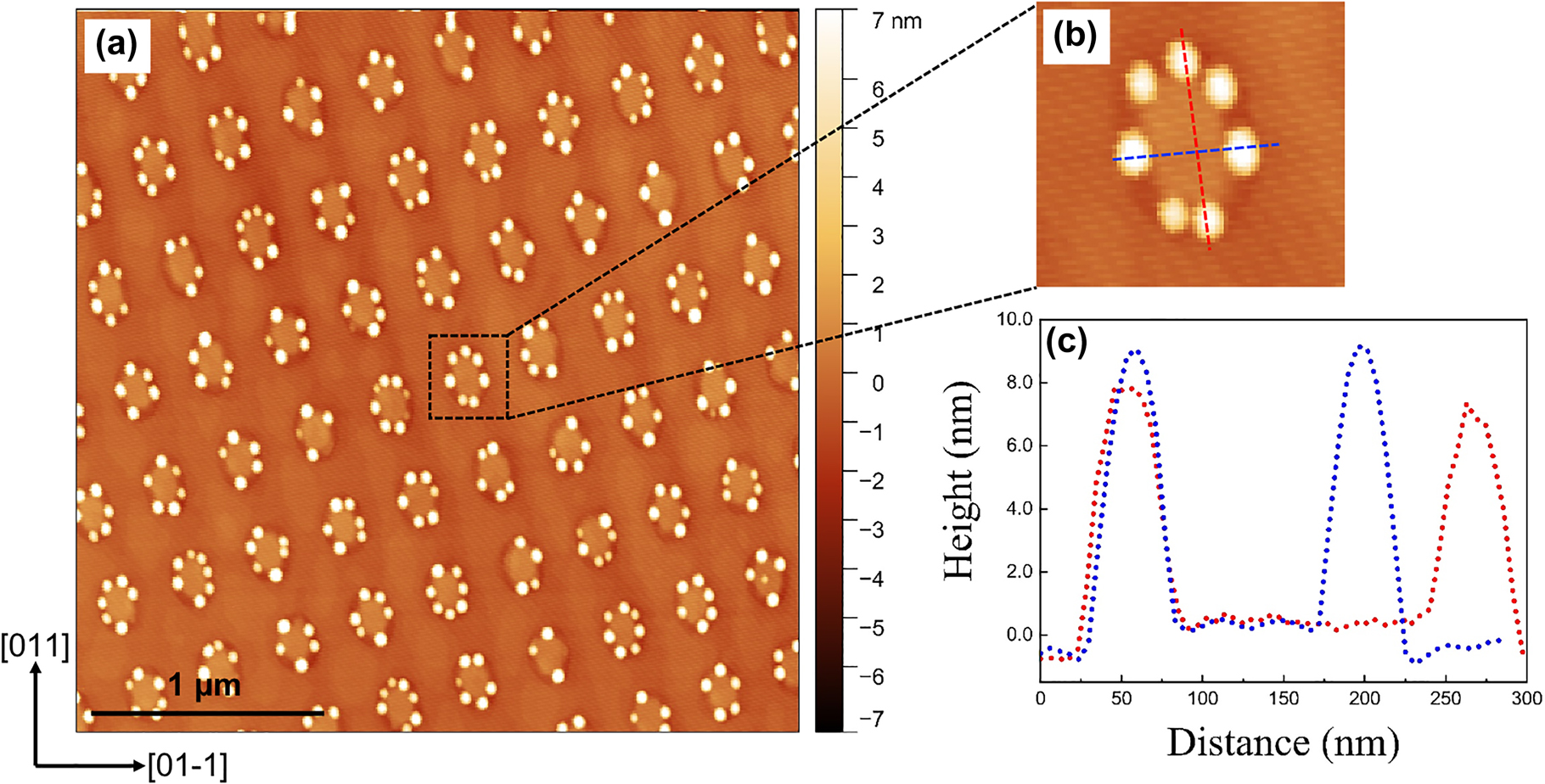 Figure 7: 
AFM micrographs of (a) InAs QDs formed on the nanoisland-templated surface with a total InAs coverage of 1.7 ML, and (b) the magnified AFM image of a single nanoisland site. (c) Line scans across the direction as marked in (b).