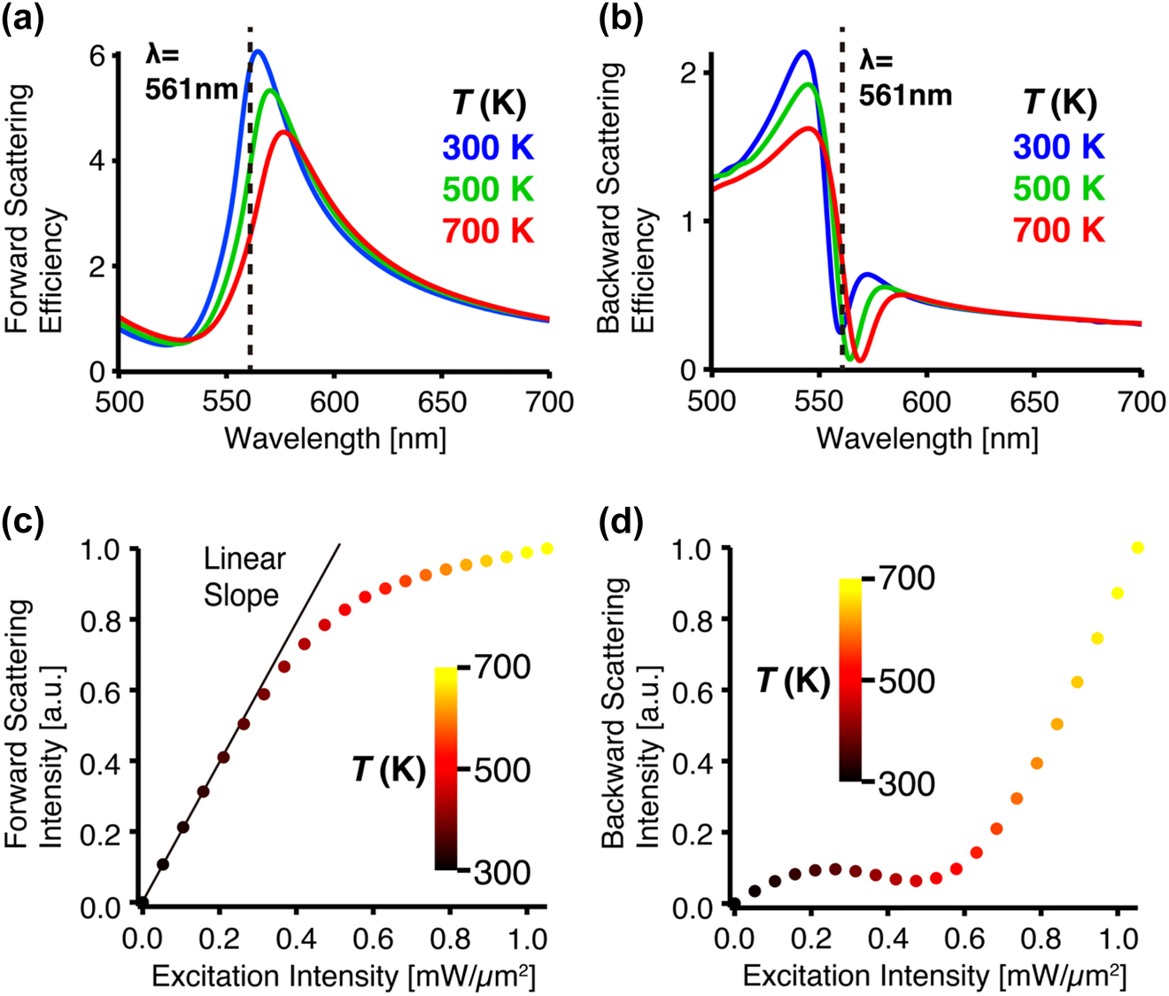 Figure 3:
Theoretical calculations on the photothermal nonlinear scattering from the silicon metasurface. (a, b) Scatterings spectra of (a) forward and (b) backward scatterings at the temperature of 300 K (blue), 500 K (green), and 700 K (red). The vertical axis indicates the scattering efficiency per a single silicon meta-atom, which is calculated by the ratio of scattering cross-section and geometric cross-section of the single meta-atom. (c, d) Dependences of (c) forward and (d) backward scattering intensities on the excitation intensity, at the excitation wavelength of 561 nm. The color of the plot indicates the equilibrium temperature (K) under light irradiation. The solid line in (c) indicates a linear slope.