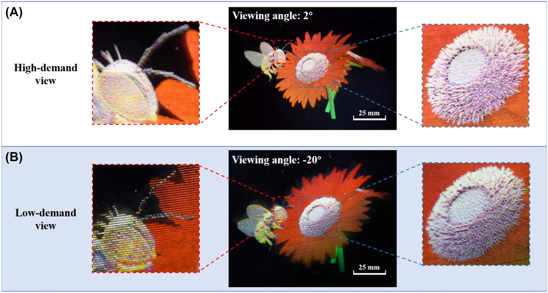 Figure 7: 
A comparison between the magnified photos taken at (A) the high-demand view, and (B) the low-demand view.