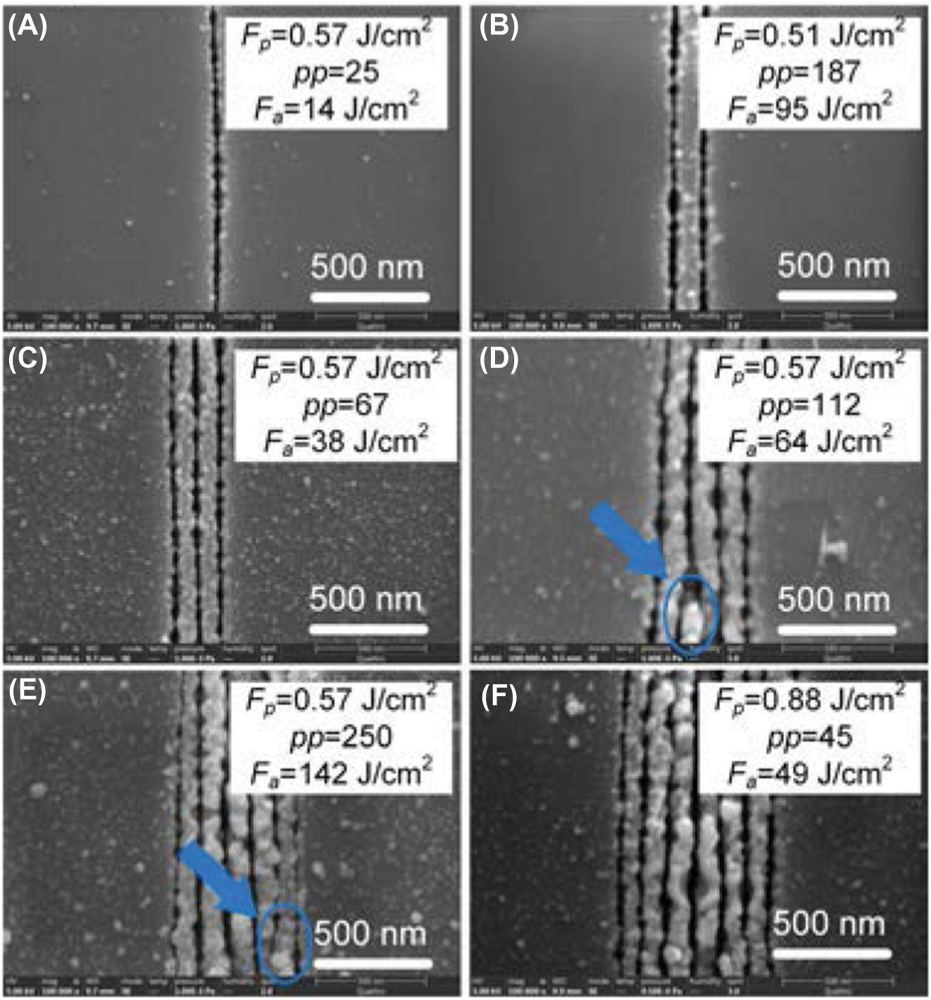 Figure 4: 
Single and multiple nanogroove fabricated by 515 nm laser scanning. (A) Single nanogroove. (B) Two nanogrooves. (C) Three nanogrooves. (D) Four nanogrooves. (E) Six nanogrooves. (F) Seven nanogrooves.